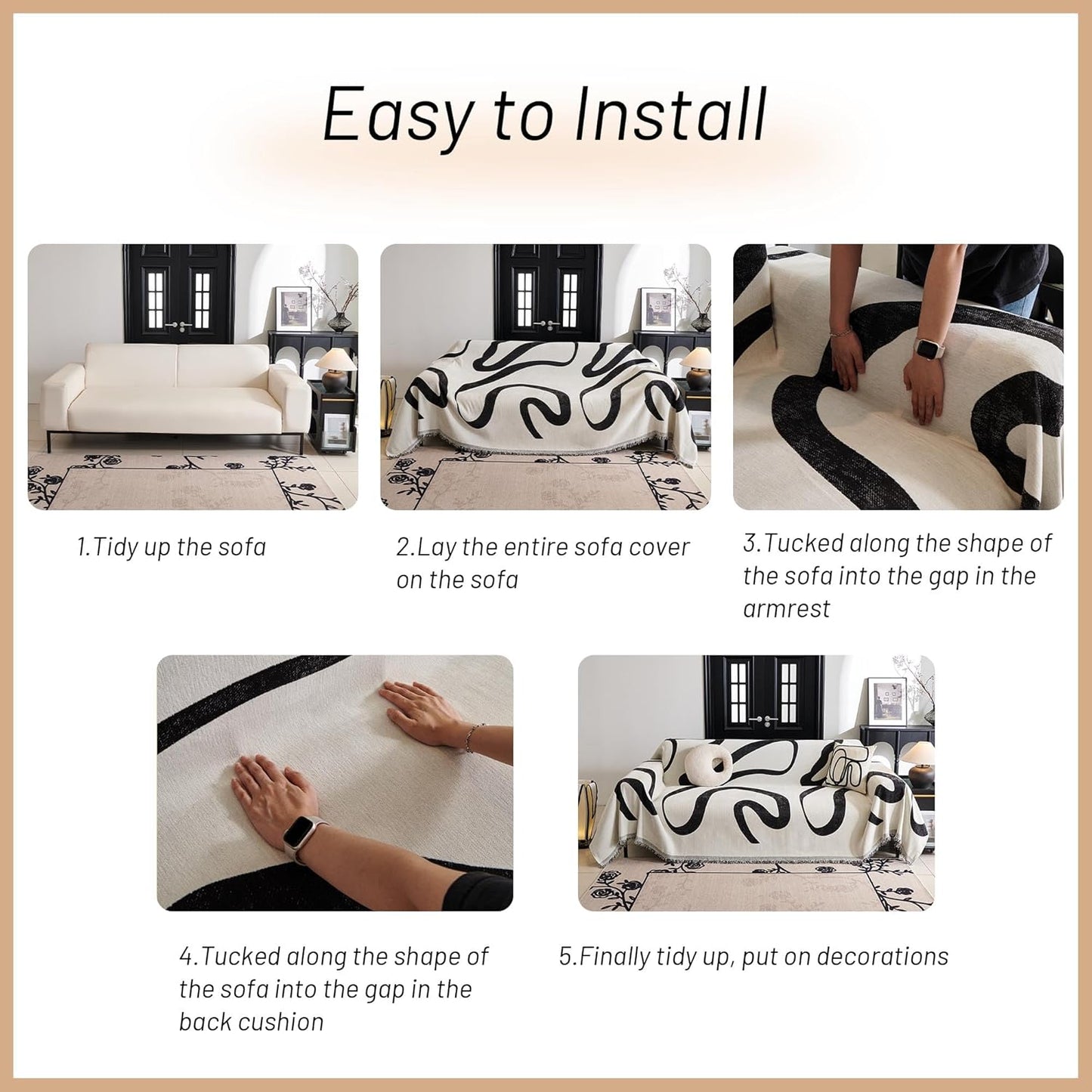 MYSKY HOME Boho Couch Cover Super Soft Couch Covers for 2-3 Cushion Couch Sofa, Modern Black Jacquard Sofa Slipcover Loveseat Futon Cover, Couch Covers for Sectional Sofa, 71" x 118", Black Curve