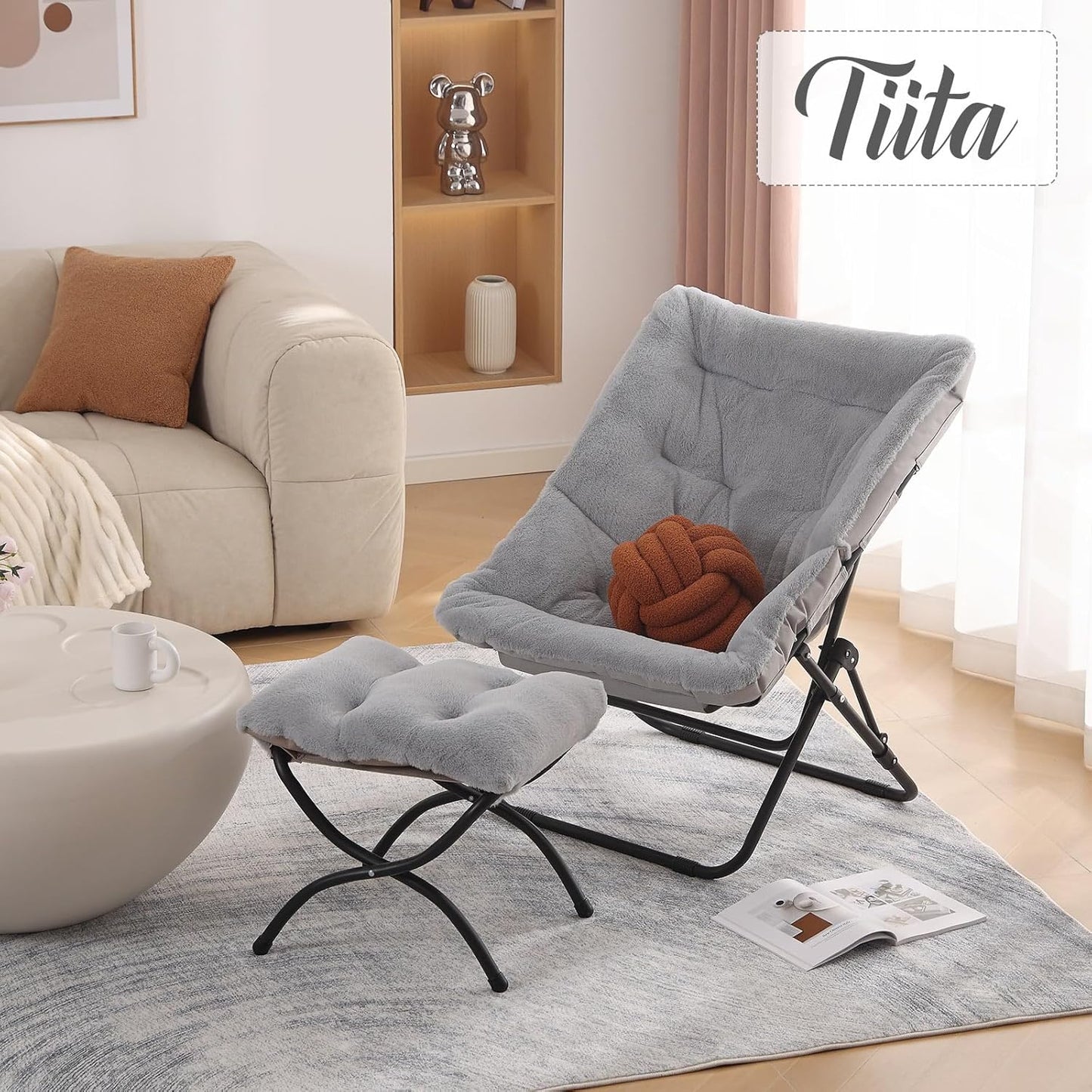 Tiita Folded Chair with Ottoman, Soft Faux Fur Oversized Folding Accent Chair,Lounge Lazy Chair, Metal Frame Moon Chair for Bedroom, Living Room, Dorm Rooms, Garden and Courtyard