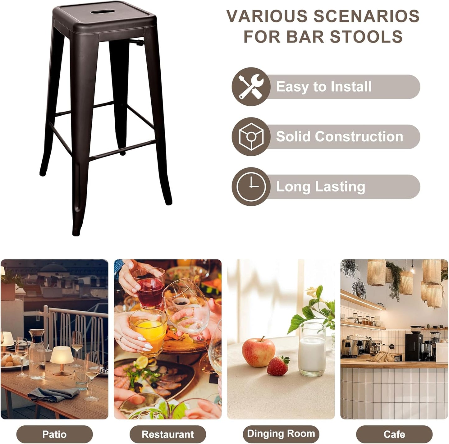 30 Inches Metal Bar Stools, High Backless Stools, Indoor Outdoor Stackable Kitchen Stools, Set of 4, Brown