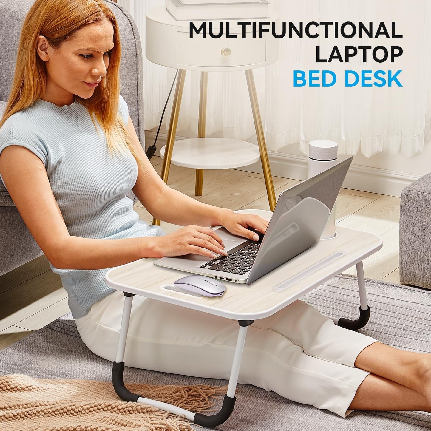 BUYIFY Folding Lap Desk, 23 Inch Portable Wood White Oak Laptop Bed Desk Lap Desk with Cup Holder, for Working Reading Writing, Eating, Watching Movies for Bed Sofa Couch Floor