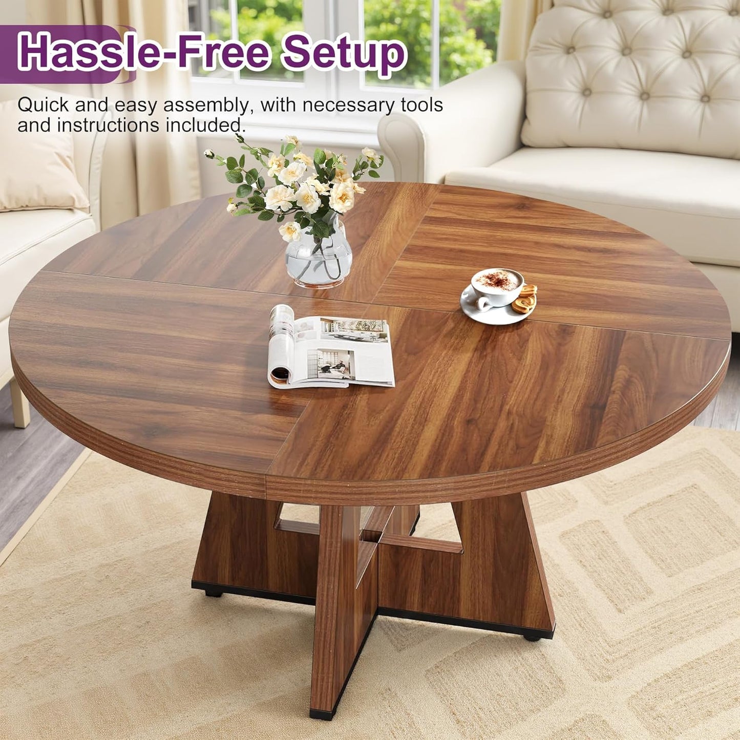 Round Dining Table for 4, 47" Wooden Kitchen Dinner Table Rustic, Farmhouse Table for Dining Room, Living Room, Brown