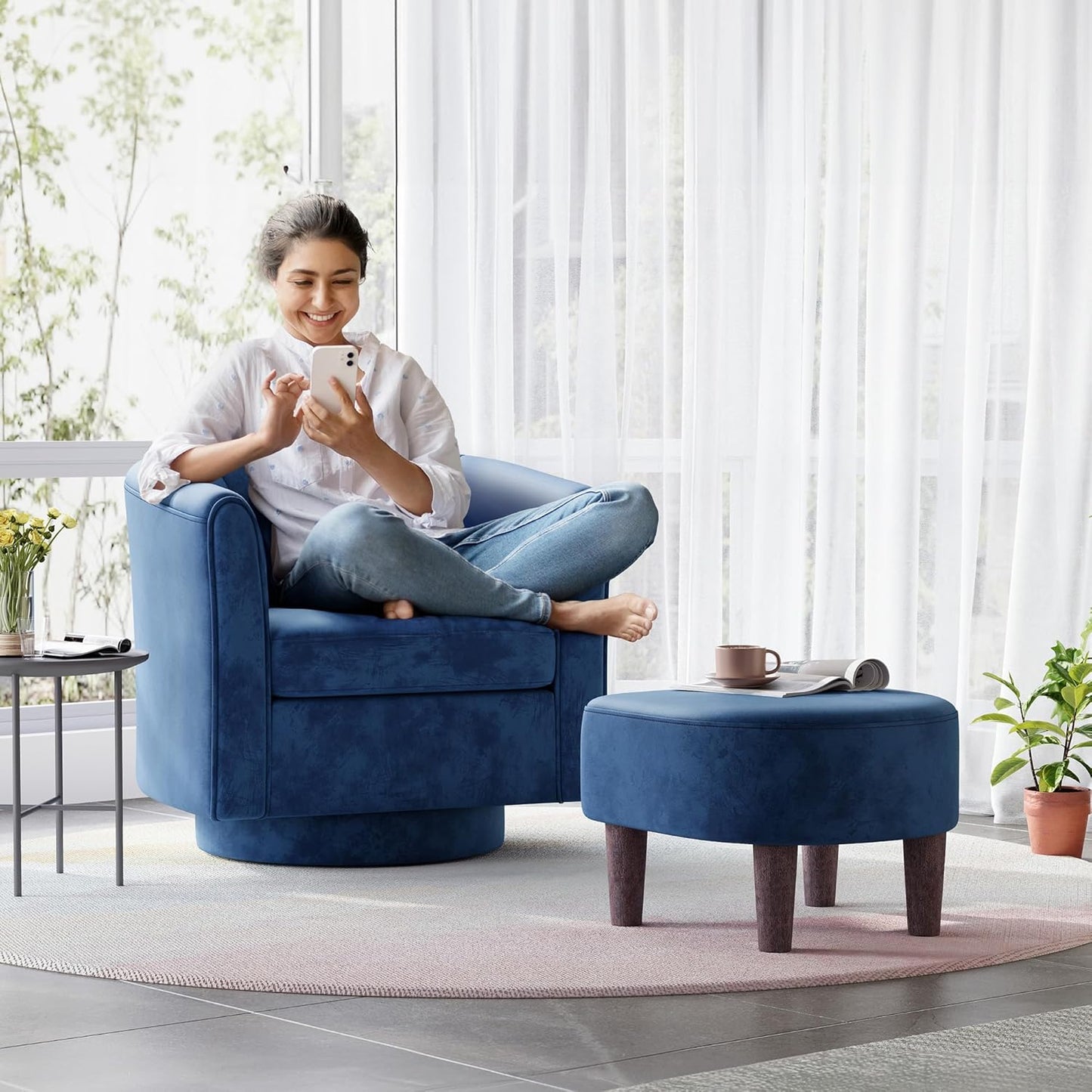 LINSY Swivel Accent Chair with Ottoman: Small Velvet Barrel Chair 360 Swivel Modern Armchair, Upholstered Reading Chair with Footrest for Living Room Bedroom Study Room (Blue)