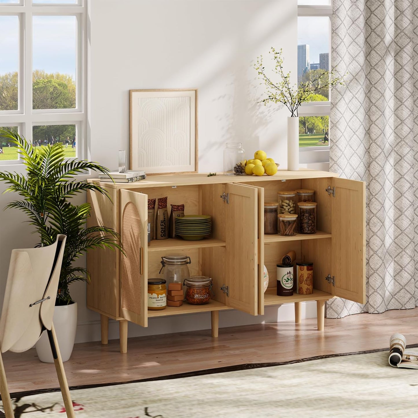 Buffet Cabinet with Storage, KitchenSideboard Cabinet with 4 Rattan Decorated Doors,Modern Accent Credenza Rattan Cabinet for Entryway,Natural