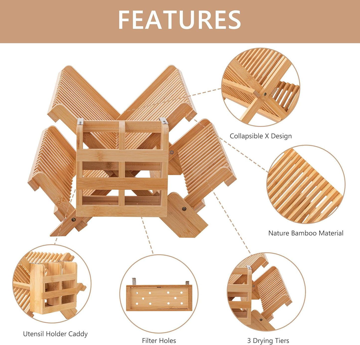 HBlife Bamboo Dish Drying Rack with Utensils Flatware Holder Set, 3-Tier Large Folding Drying Holder for Kitchen Counter, Collapsible Drainer