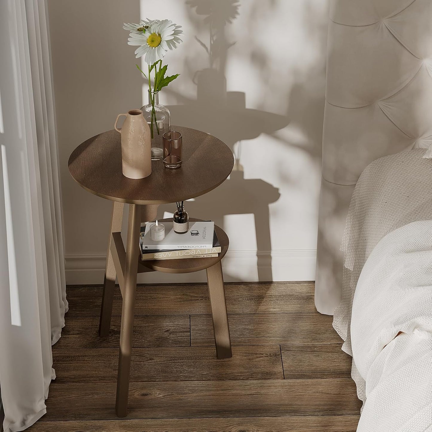 ChooChoo Round End Table Set of 2, Narrow Side Table for Small Spaces, Accent Table Night Stand with 2 Tier Shelf for Bedroom and Living Room, Walnut