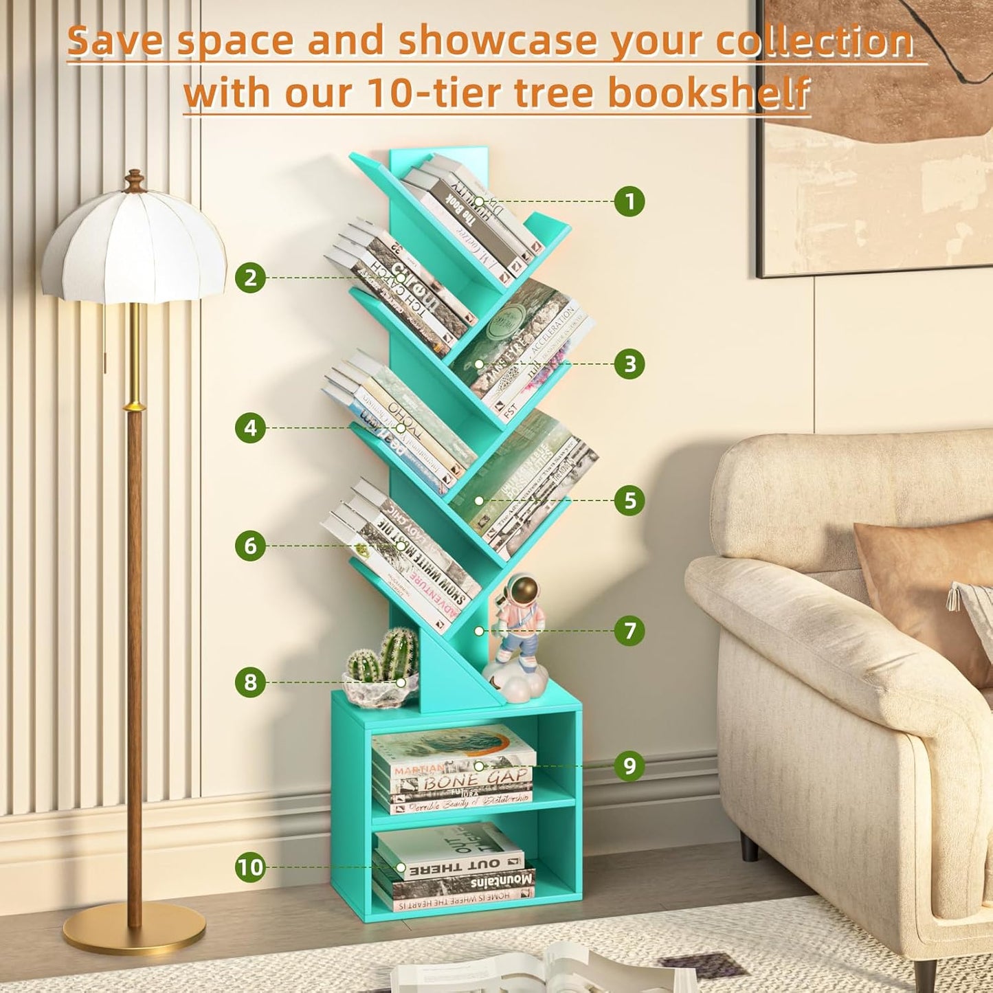 10 Tier Tree Bookshelf,Floor Standing Wood Tall Bookcase for Narrow Space, Storage Organizer Bookshelves for Books, Book Case for CDs/Movies/Books,Home Office,Living Room, Bedroom