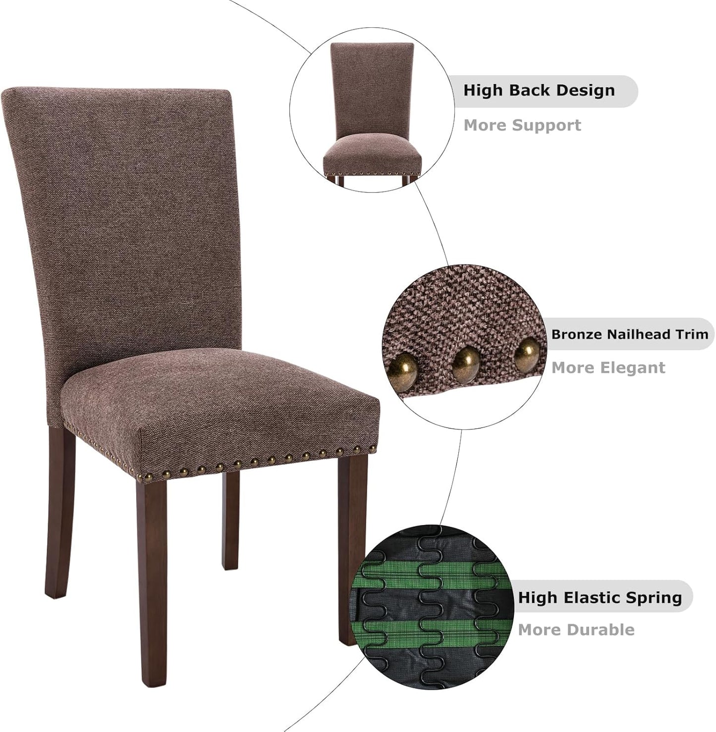 COLAMY Upholstered Parsons Dining Chairs Set of 4, Fabric Dining Room Kitchen Side Chair with Nailhead Trim and Wood Legs - Brown
