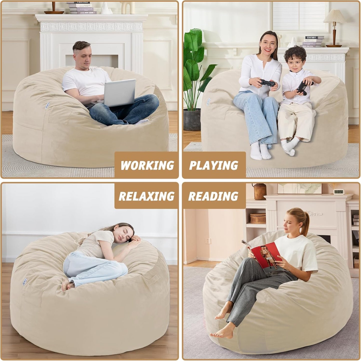 4FT Bean Bag Chair with Ultra Soft Velvet Cover Bean Bag Sofa with Memory Foam Bean Bag Chairs with Large Size Lazy Sofa for Dorm Office Living Room Bedroom Beige 4'