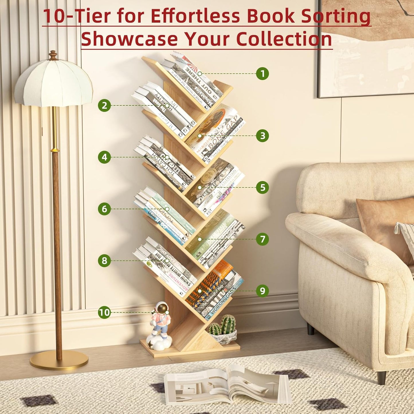 10 Tier Tree Book Shelf, Floor Standing Wood Bookshelf for Narrow Space, Storage Organizer Bookshelves for Books/CDs/Magazine, Bookcase with Shelves for Home Office, Living Room - Natural