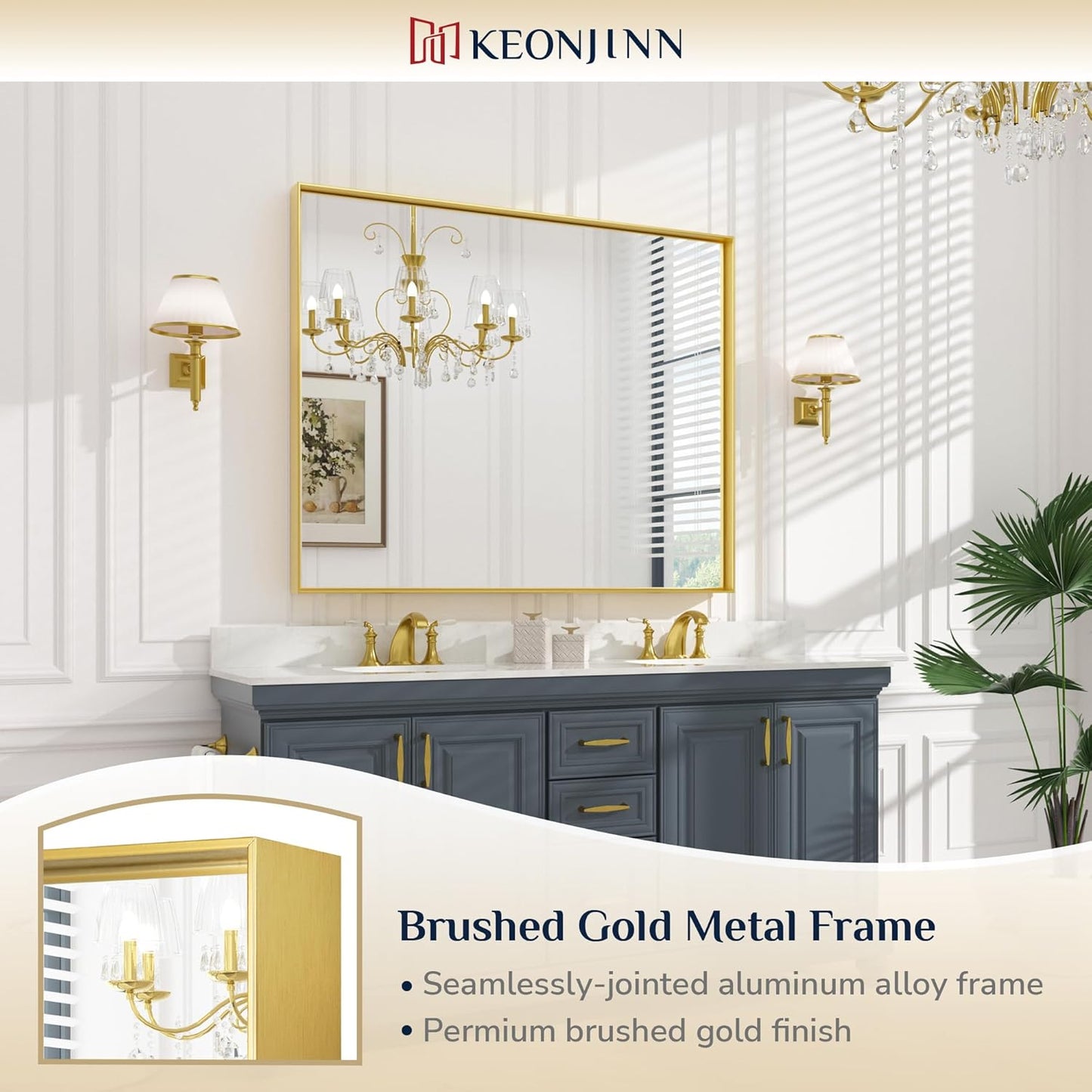 Keonjinn Gold Bathroom Mirrors 48” x 40” Rectangle Wall Vanity Mirror Large Metal Framed Brushed Gold Mirrors Square Corner Farmhouse Mirror for Over Sink(Horizontal/Vertical)