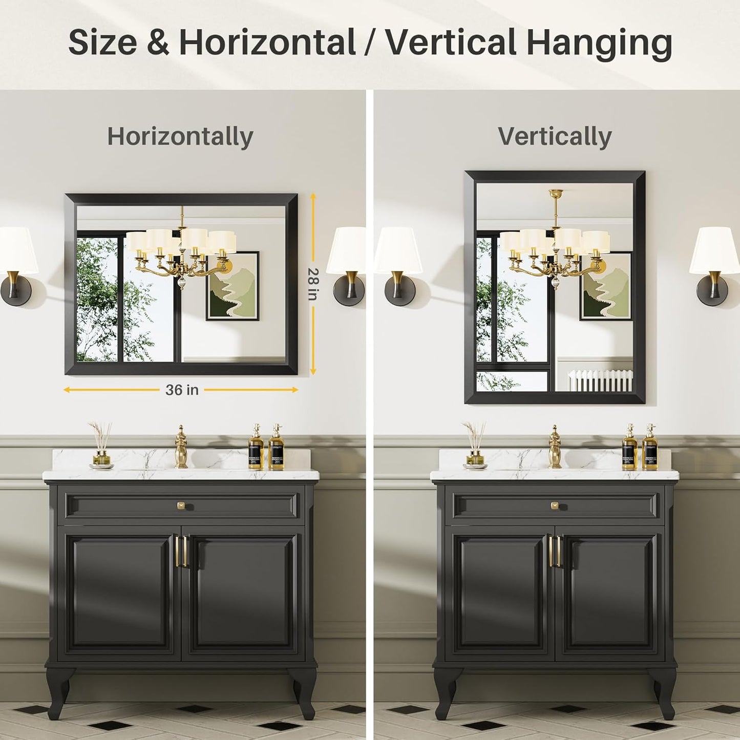 24x32 Inch Black Bathroom Mirror for Wall, Thick Metal Framed Rectangle Mirrors for Over Sink, Bedroom, Living Room, Entryway, Anti-Rust, HD Tempered Glass