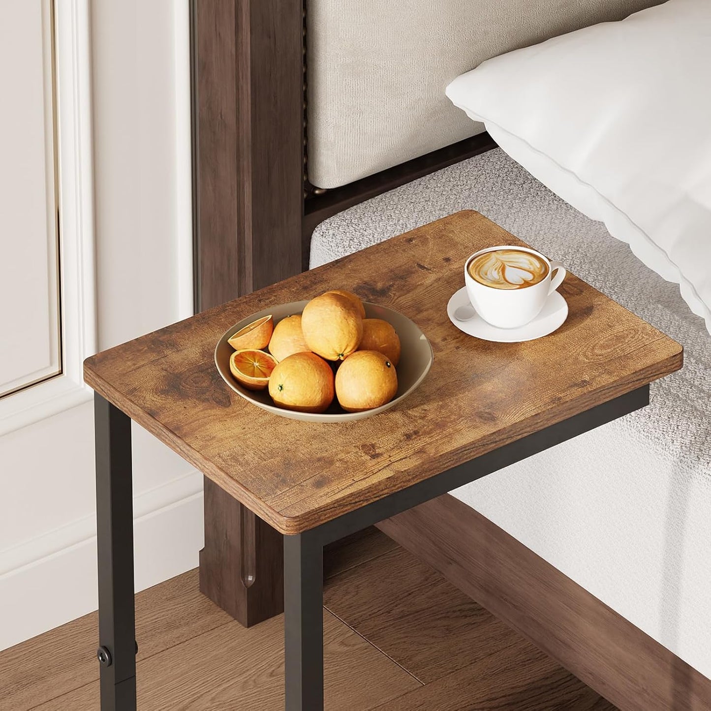 Side Table,C Table with 2-Tier Storage Shelf, End Table TV Tray with Metal Frame, Sofa Table with Wheels for Living Room, Bedroom, Office, Bathroom, Easy Assembly, Brown