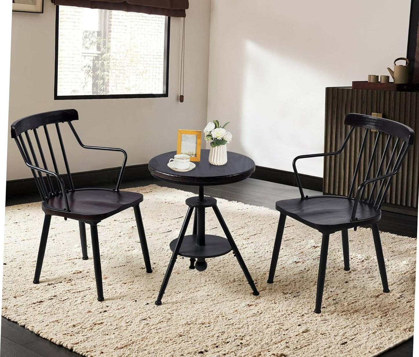 Industrial Vintage Cafe Farmhouse Dining Table - Rustic Round Wooden Top, Height Adjustable 21-29in