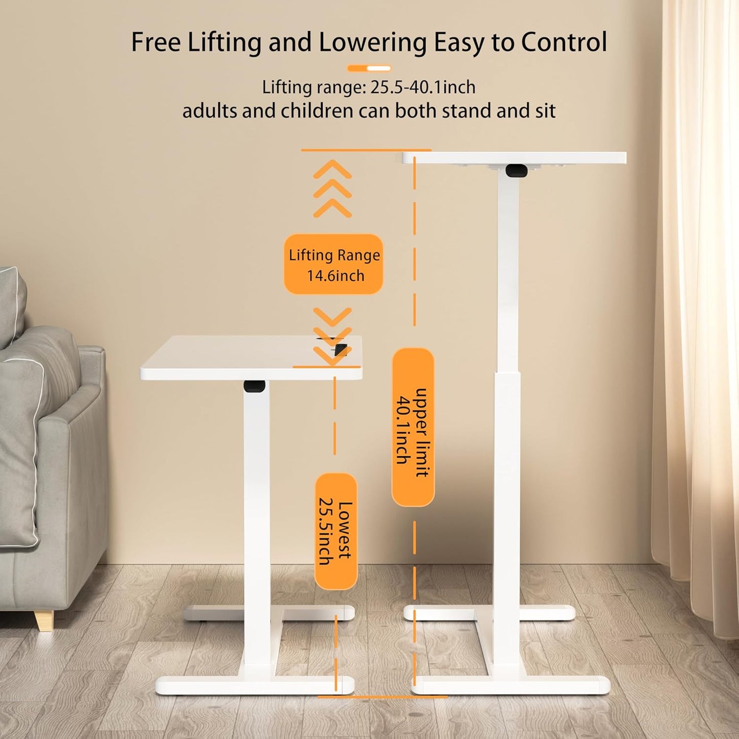 Home Office Desks Height Adjustable with 360° Moveable Hidden Wheels,Multifunctional Pneumatic Laptop Desk Suitable for Sofa、Bedside、Study and Work Use,White