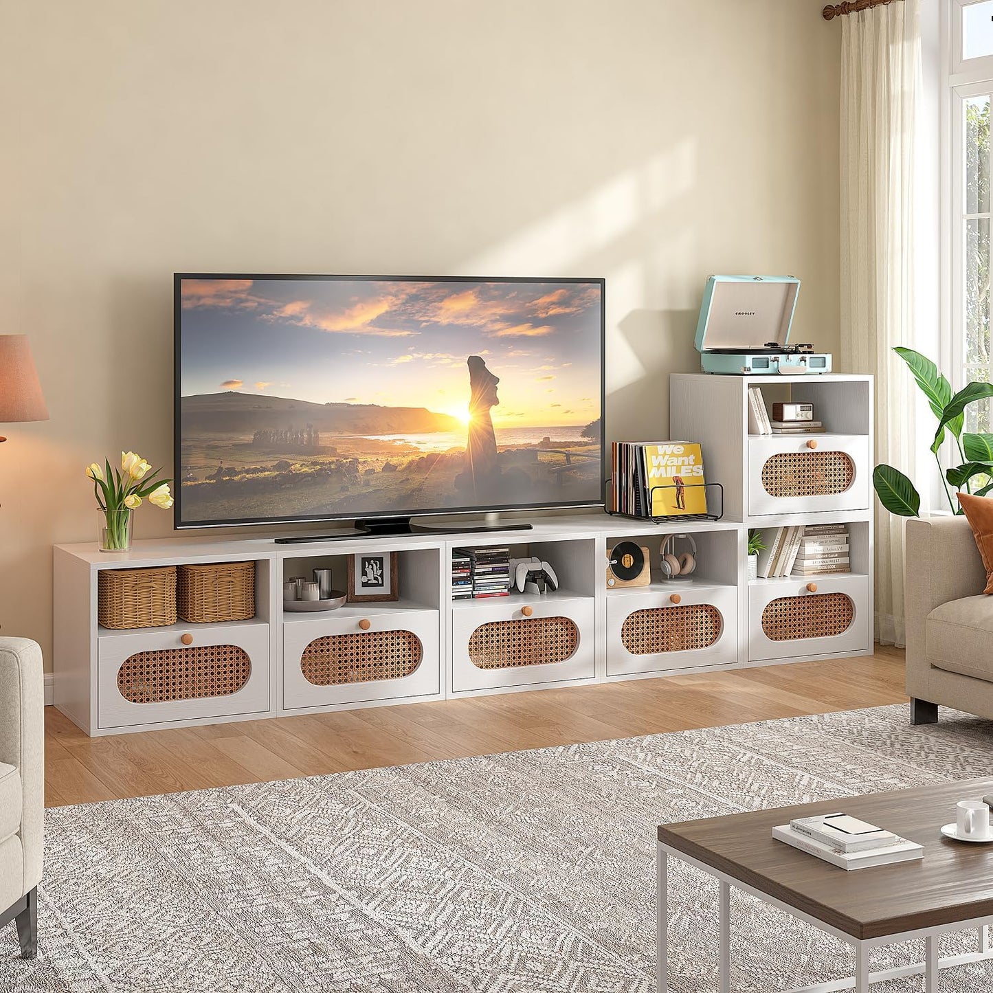 3-in-1 Modular TV Stand with Rattan Doors, DIY Media Console Boho Entertainment Center Modern TV Cabinet with Open Shelves,White