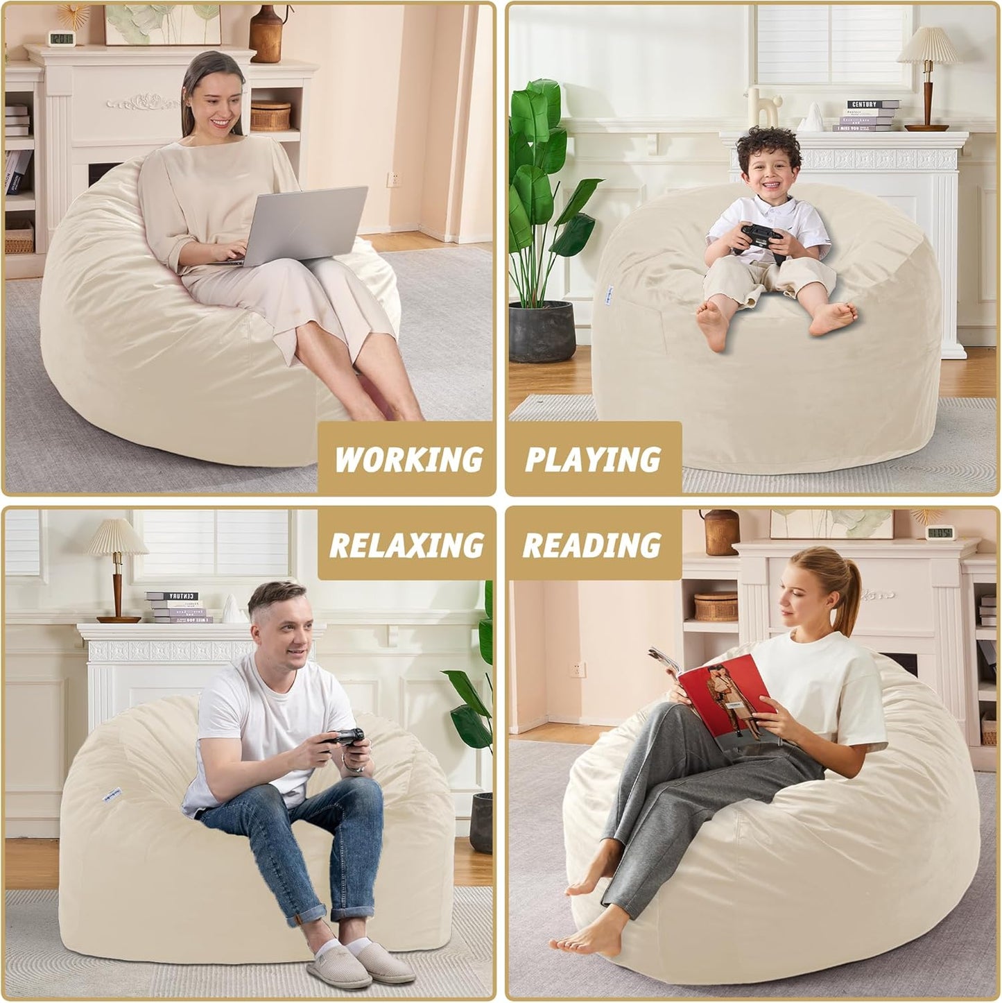 3FT Bean Bag Chair with Ultra Soft Velvet Cover Bean Bag Sofa with Memory Foam Bean Bag Chairs with Large Size Lazy Sofa for Dorm Office Living Room Bedroom Khaki 3'