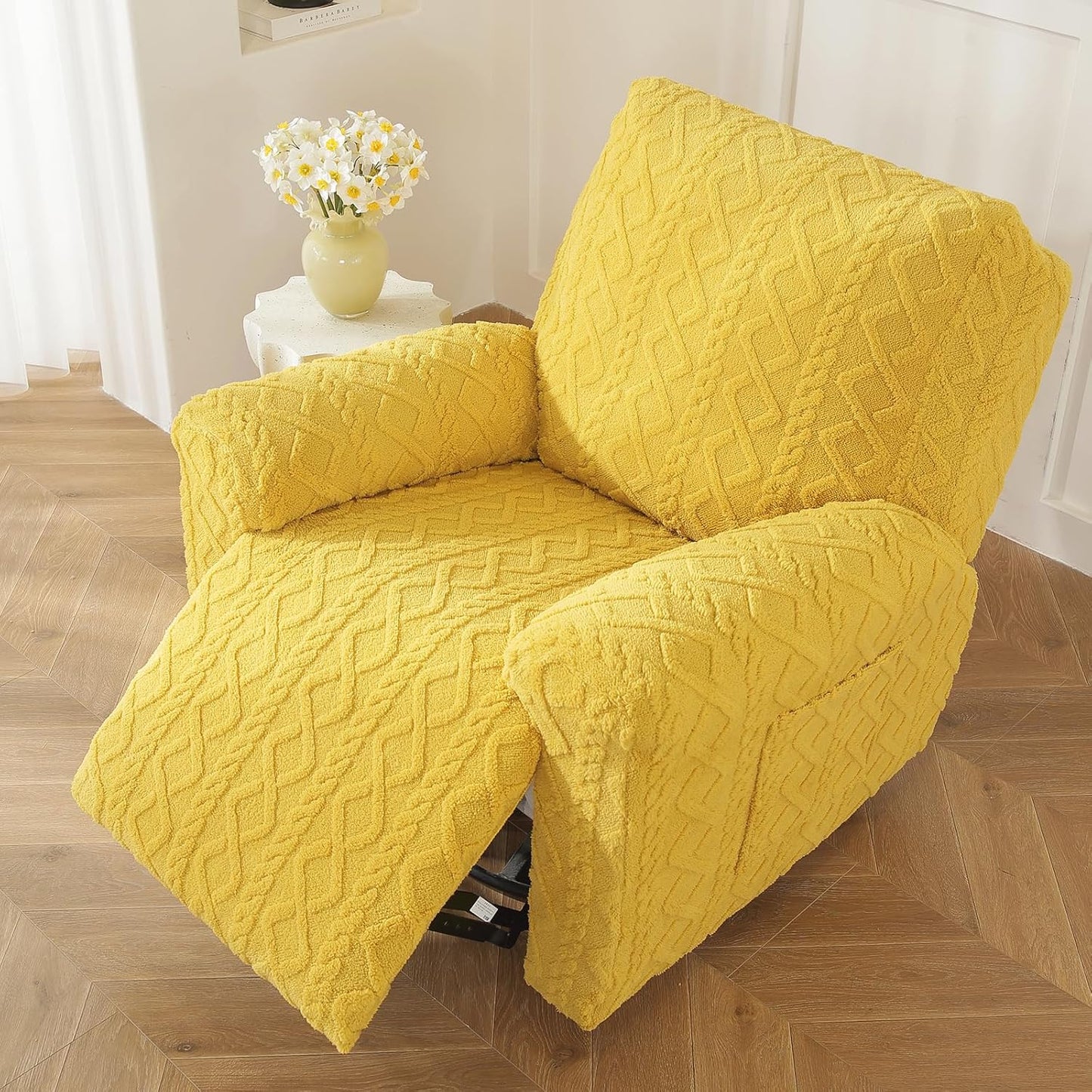 vctops 4 Pieces Geometric Jacquard Plush Recliner Slipcovers Soft Fuzzy Fluffy Sofa Couch Cover Anti-Slip Furniture Protector with Elastic Bottom for Kids Cats Dogs(Yellow,1 Seat)