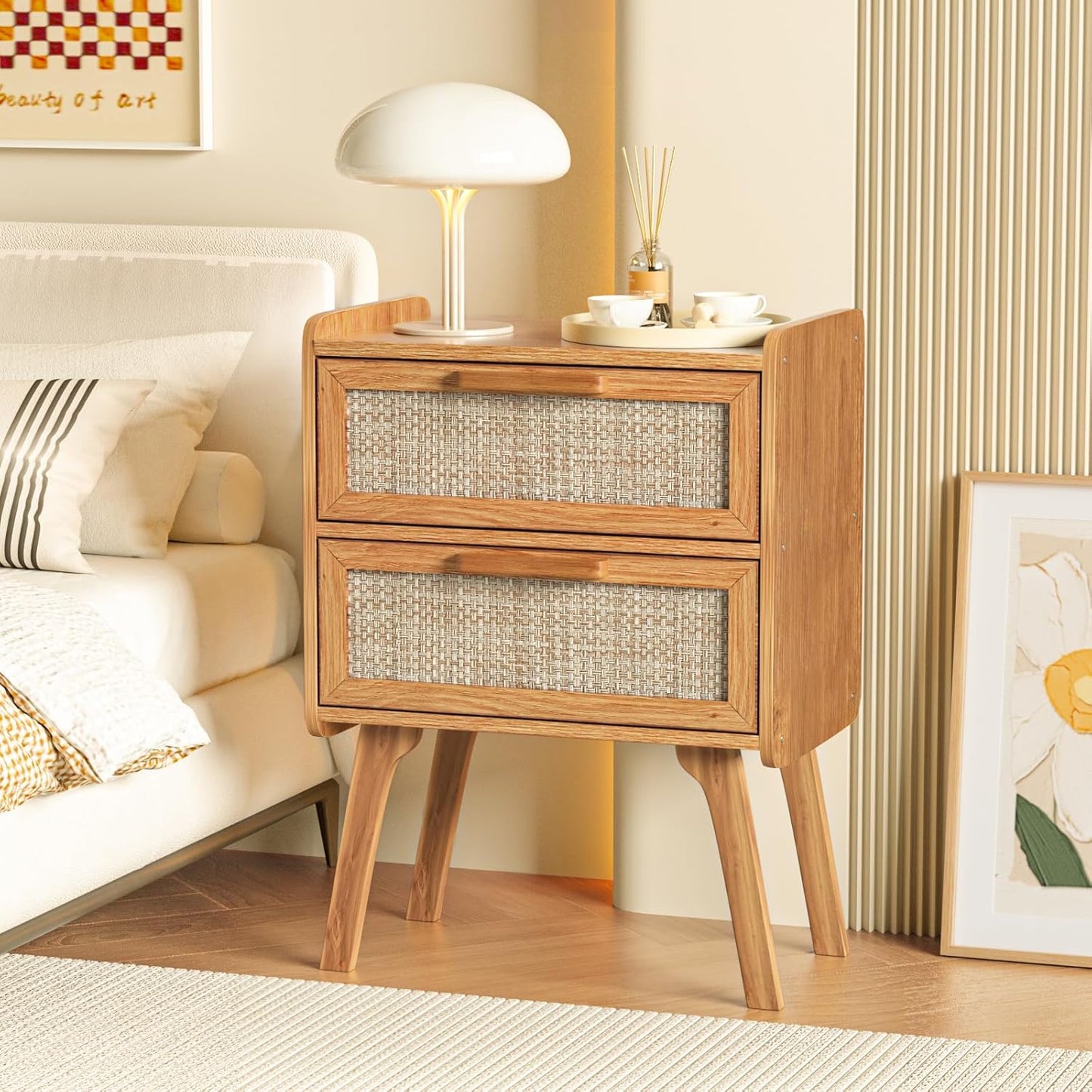 Lerliuo Rattan Nightstands Set of 2, Boho Night Stand with 2 Drawers, Cane Accent Side End Table, Bedside Table with Solid Wood Legs for Bedroom, Dorm and Small Spaces (Tea Brown)