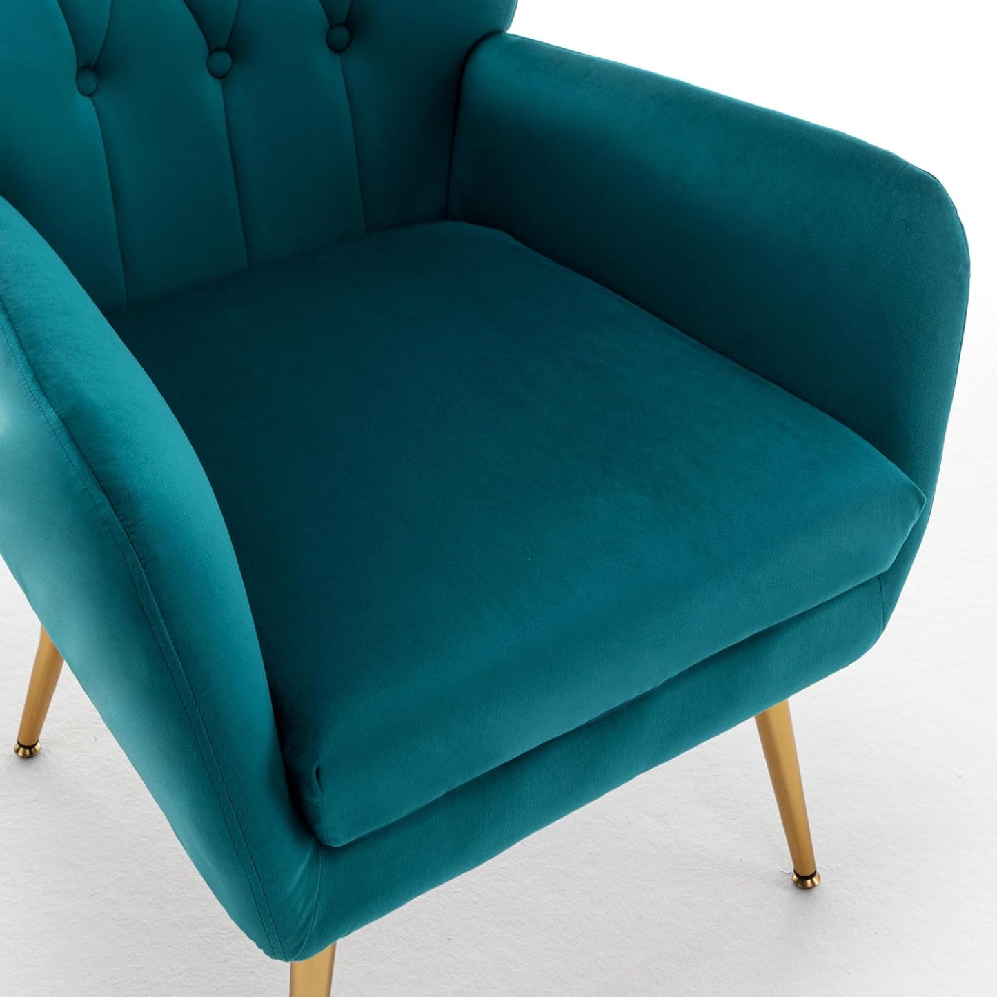 Container Furniture Direct Modern Chic Mid-Century Velvet Accent Armchair for Living Room, Bedroom, or Home Office, Button-Tufted Wingback Design with Gold Flared Legs, Dark Teal
