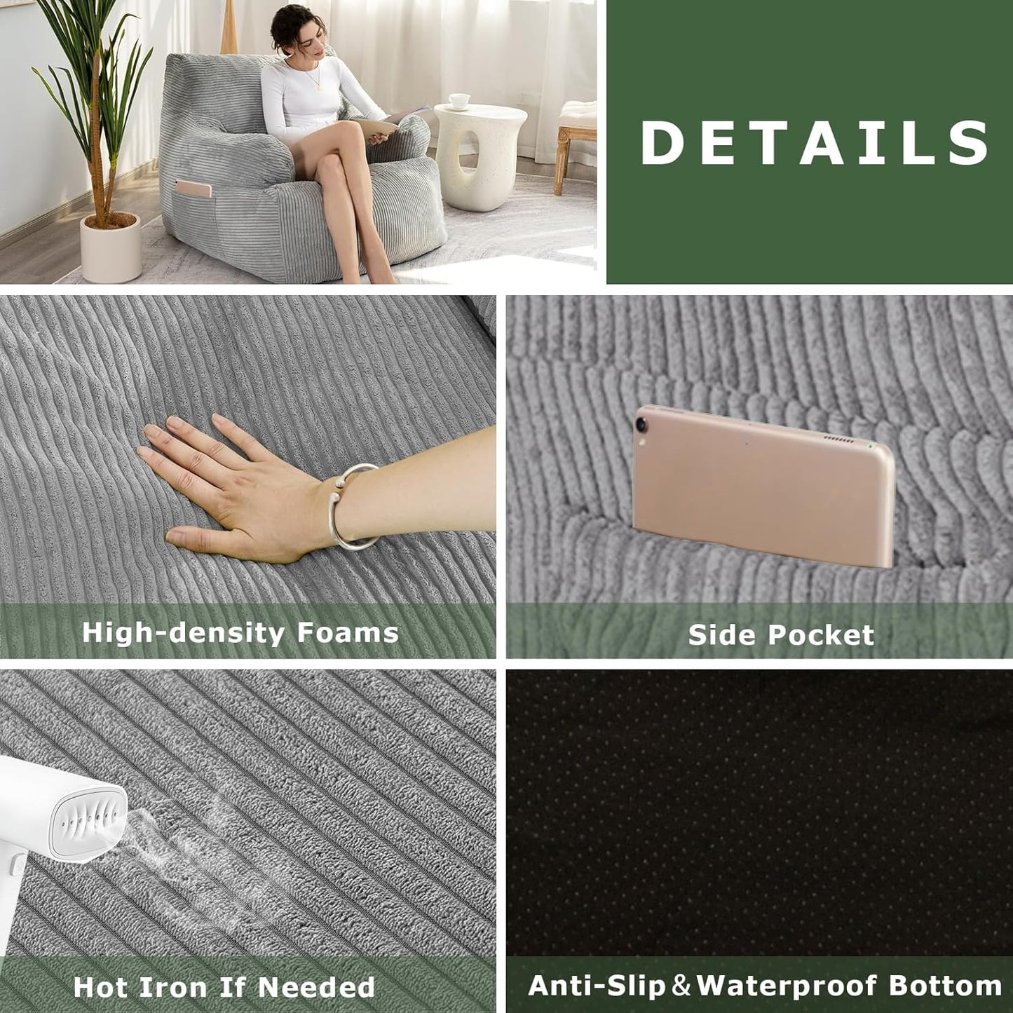 HIGOGOGO Giant Bean Bag Chair Sofa, Big Comfy Chair for Bedroom Living Room, Large Bean Bag Lazy Chair for Adults with Pocket Armrests for Gaming, Reading, Grey