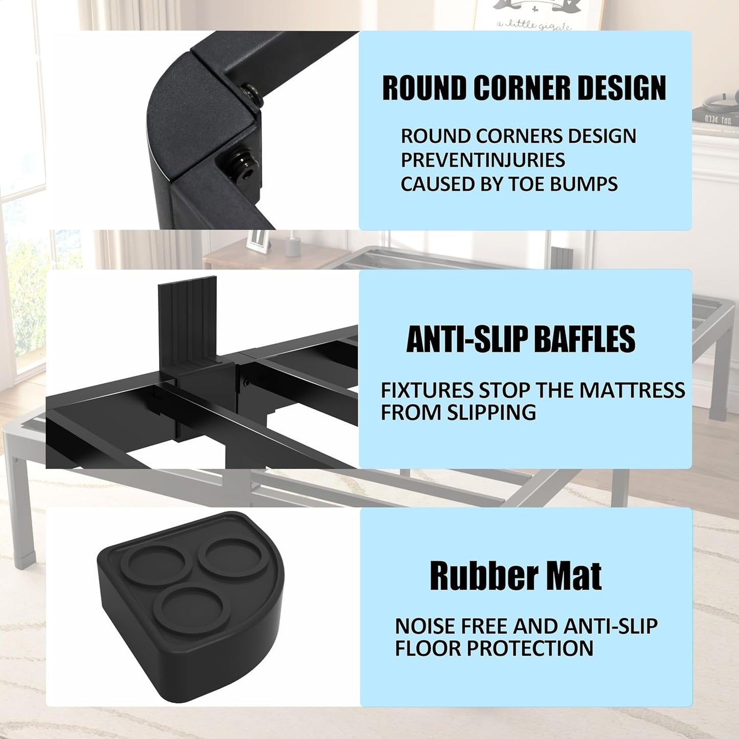 FUIOBYVV King Bed Frame with Round Corner Edge Legs 18 inch High 3500 lbs Heavy Duty Metal Platform Bed Frame King Size No Box Spring Needed/Noise Free/Steel Slat Support/Non-Slip Black