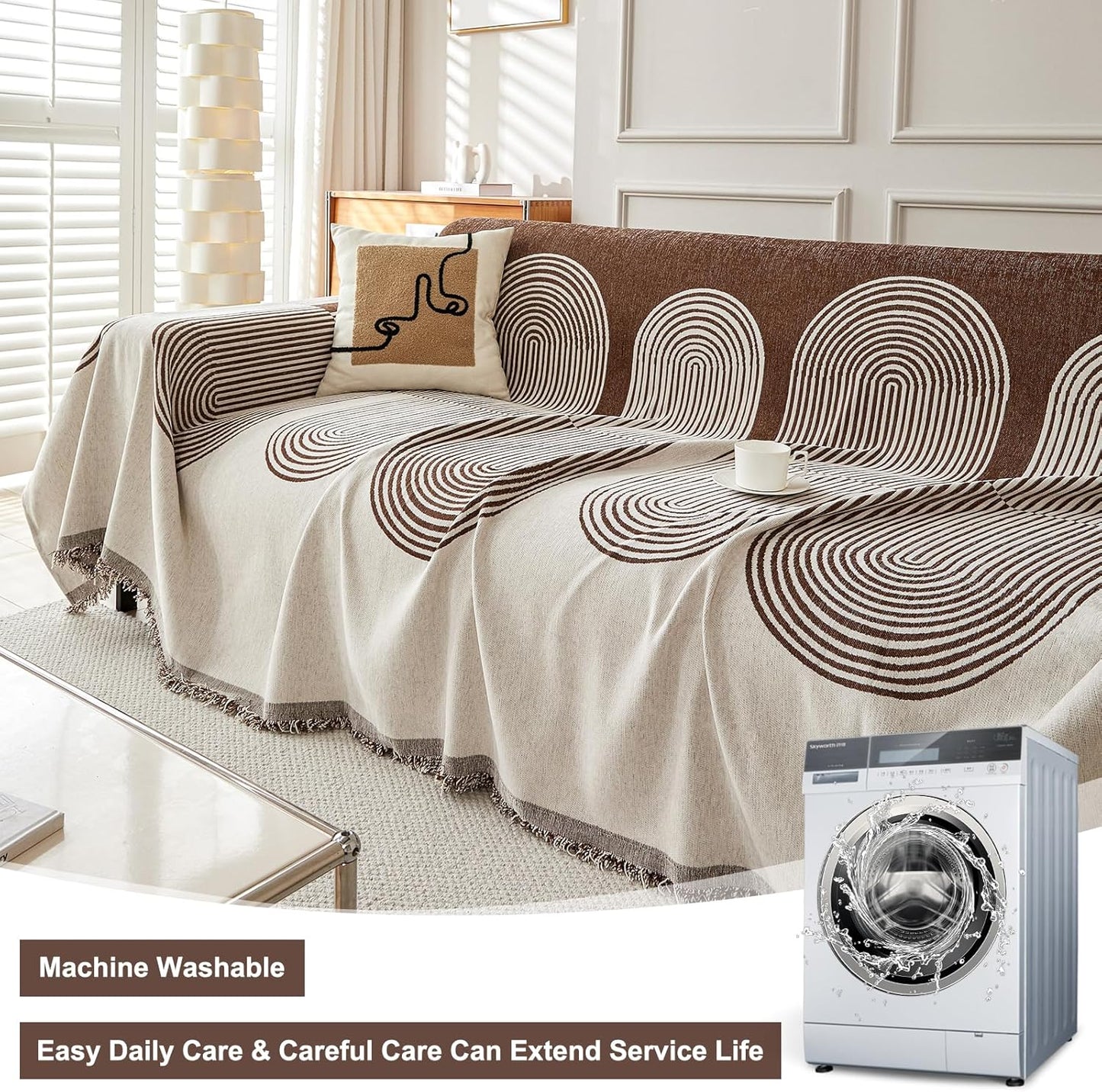 STACYPIK Boho Chenille Couch Cover for Pets, Khaki Striped Sofa Cover for 2 Cushion Couch, Non Slip Furniture Protector, Tassels Geometric L Shaped Couch Cover for Dogs Cat Loveseat Slipcover-71x118IN