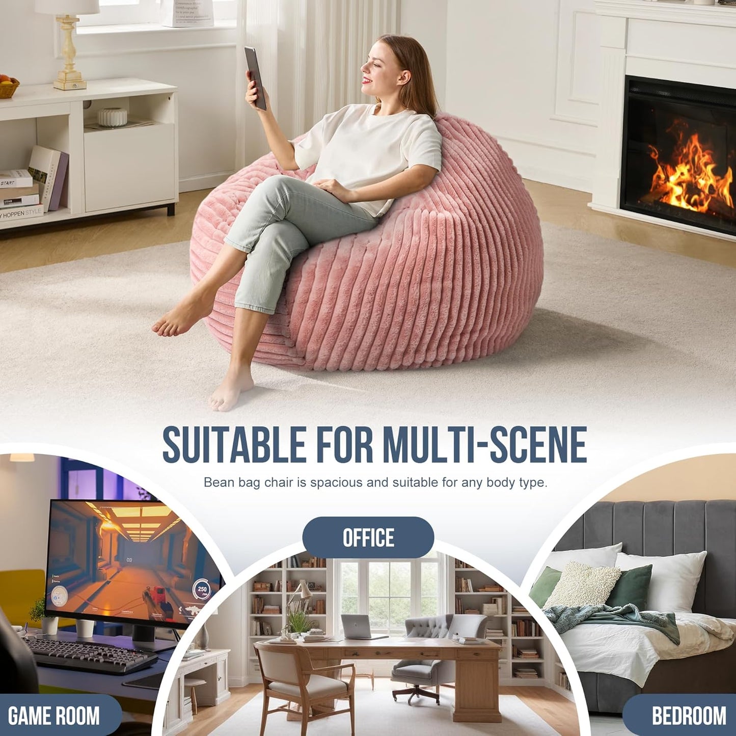 3ft Bean Bag Chairs for Adults Large Beanbag Chair with Stripe Plush Cover Big Bean Bag Chair for Living Room Bedroom Dorm Office