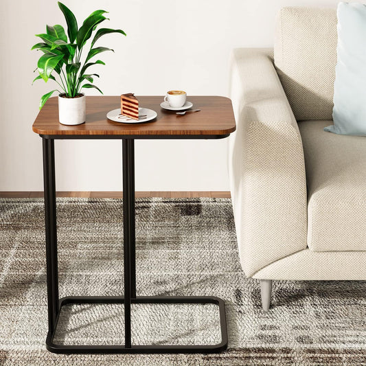 C Shaped Side Table, Small End Table MDF Black Walnut Coffee Table, Modern Simplicity C End Table with Steel Frame for Living Room, Bedroom (Black Walnut)