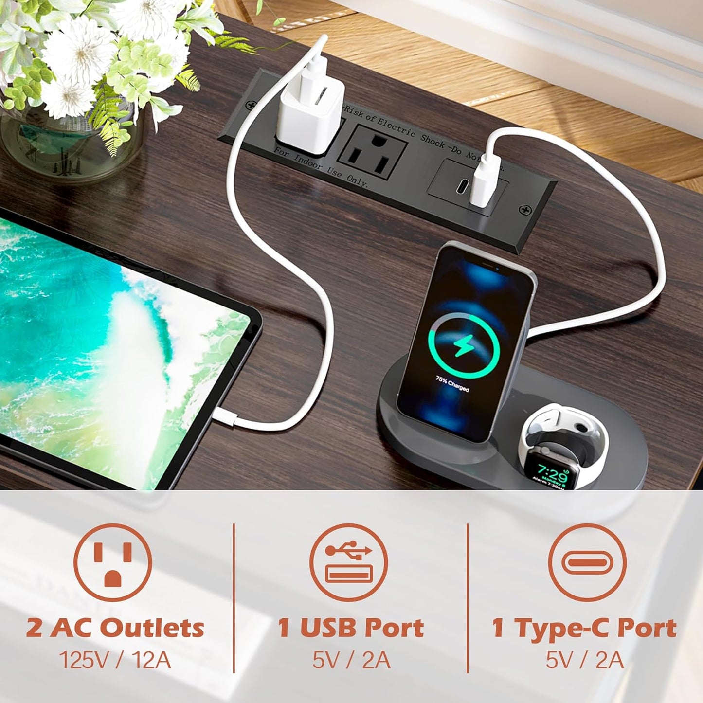 SUPERJARE Nightstand with Charging Station, Bed Side Table with Adjustable Fabric Drawer, Night Stand for Bedroom, 3-Tier Storage End Table, for Living Room - Walnut