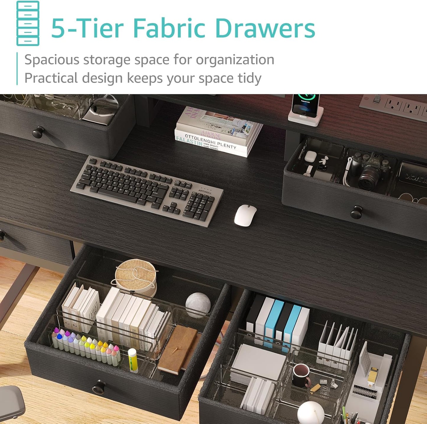 Lufeiya Computer Desk with Drawers for Home Office Bedroom, 40 inch Black Writing Study Teacher Desks with Fabric Drawers Storage, Gaming Desk Table with Power Outlet & Monitor Stand, Black