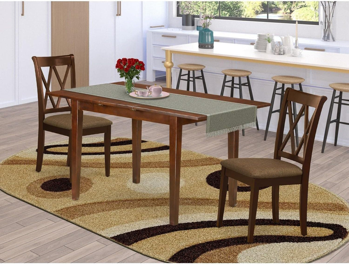 East West Furniture PSCL3-MAH-C 3 Piece Modern Dining Table Set Contains a Rectangle Wooden Table with Butterfly Leaf and 2 Linen Fabric Upholstered Chairs, 32x60 Inch, Mahogany