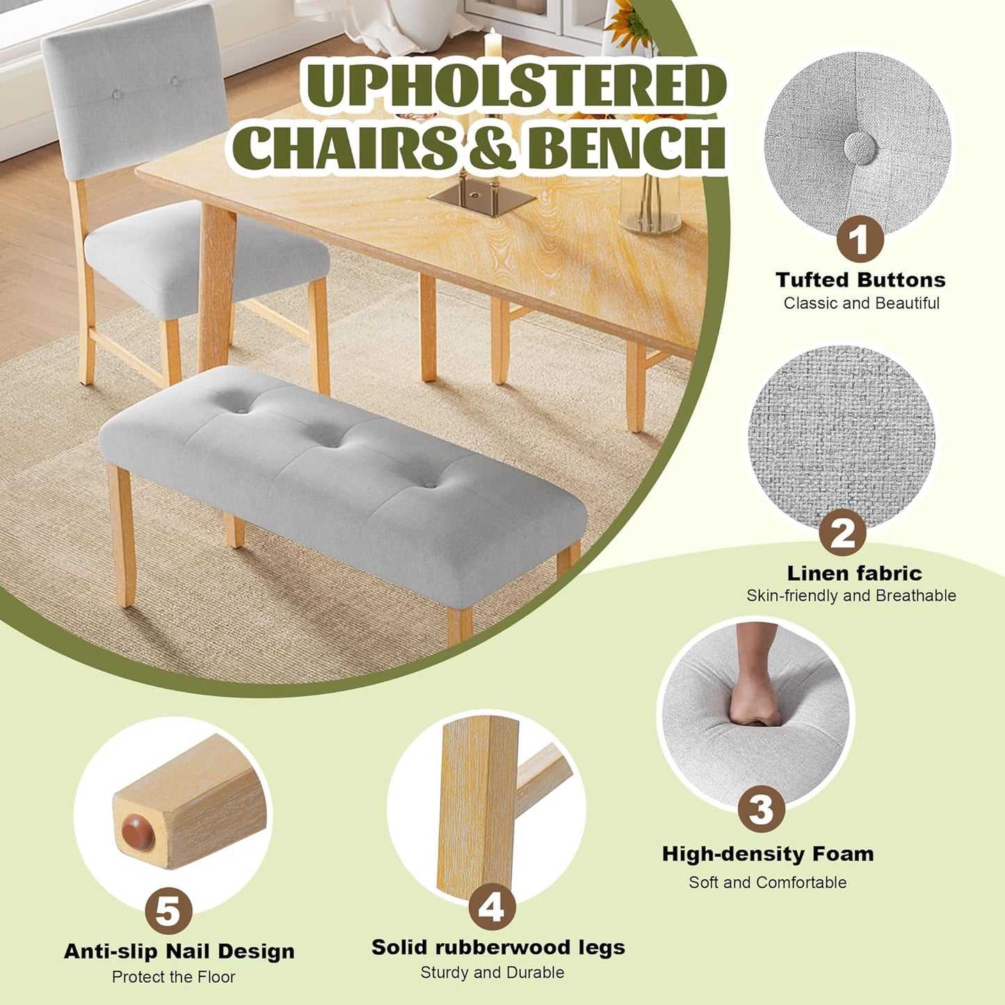 Ball & Cast 6 Piece Dining Room Table Set for 6,Rustic Farmhouse Dining Room Rectangular Table with Upholstered Chairs and Bench,Wood Dining Furniture for Kitchen,Natural Wood Wash