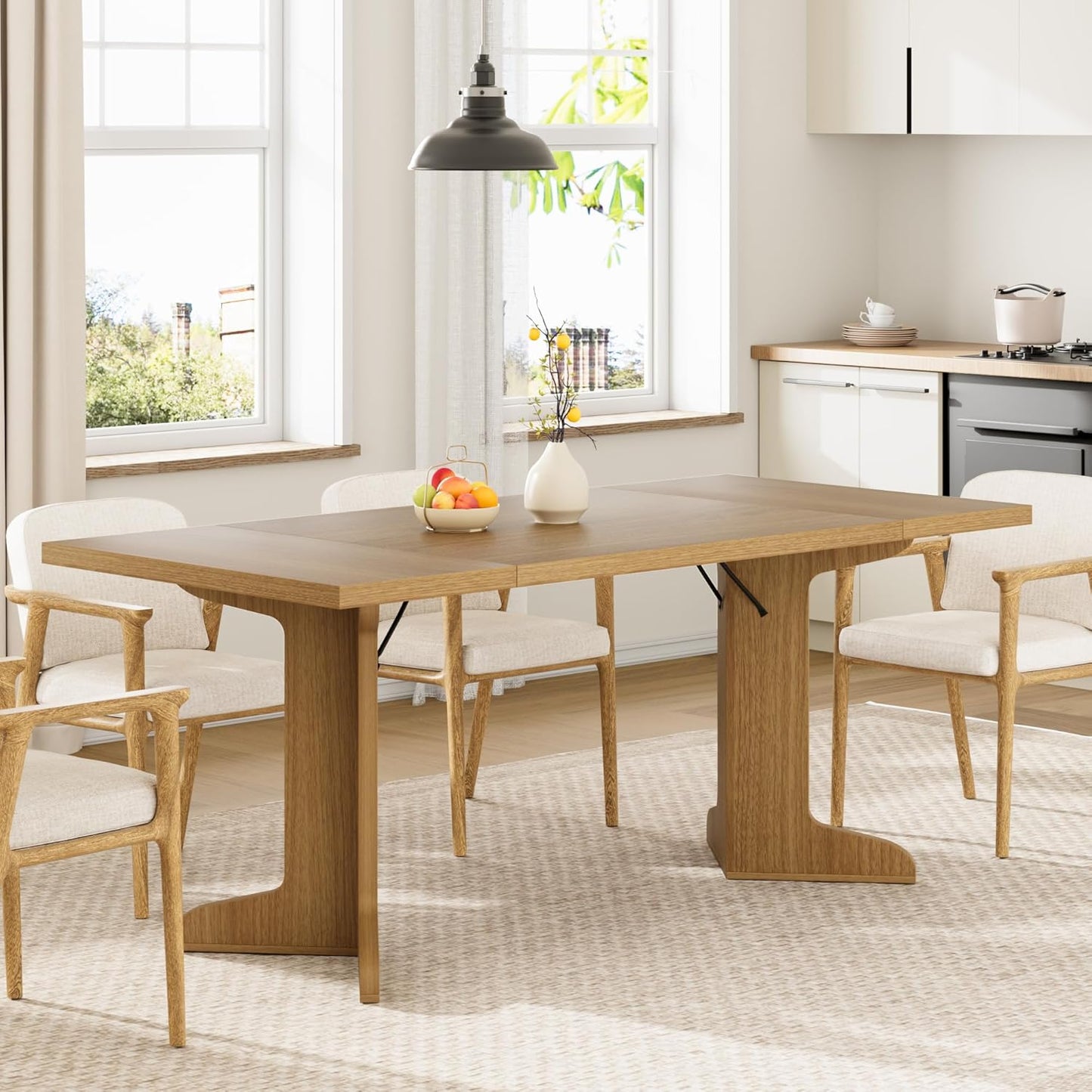 71" Large Dining Table for 6, Farmhouse Kitchen Table with Padded Top and Unique V-Shaped Feet, Rectangular Wooden Dining Table for 8 People for Home, Dining Room, Kitchen, Office,Natural