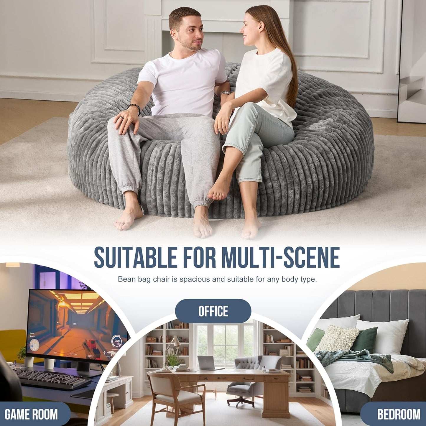 Hobestluk 6ft Bean Bag Chairs for Adults Large Beanbag Chair with Stripe Plush Cover Big Bean Bag Chair for Living Room Bedroom Dorm Office - Grey (70" x 70" x 15")