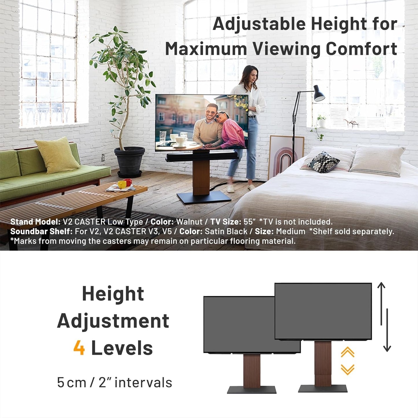 WALL V2 Caster Low Type | Minimalist Rolling TV Stand for 32–60 Inch | Walnut | Portable, Space Saving, Height Adjustable, No Drill | for Living Room and Bedroom | Japanese Design & Engineering