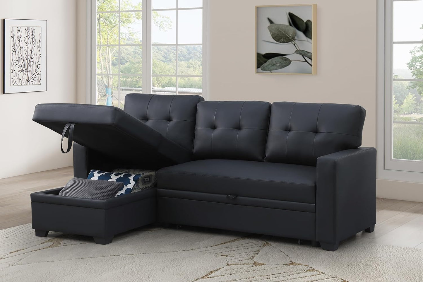 Devion Furniture Garisa 4-in-1 Convertible L Shaped Couch with Pull Out Bed and Storage, Sectional Sleeper Sofa with Reversible Chaise for Living Room, Apartment, Bedroom, Office