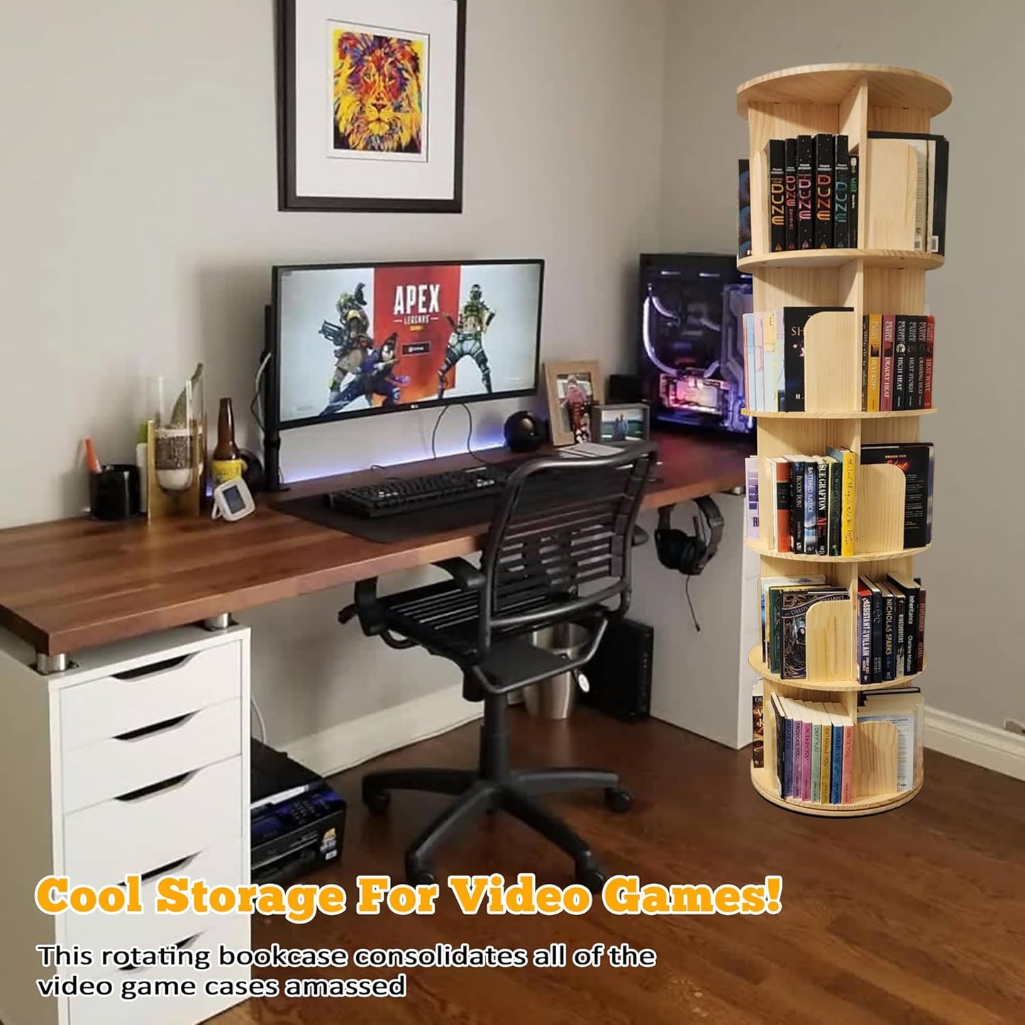 5 Tier Rotating Bookshelf Tower 360 Display Spinning Bookshelf Tower Floor Standing Bookcase Storage Rack Revolving Bookcase Wood Narrow Round Book Shelf Rotating Storage Organizer for Bedroom