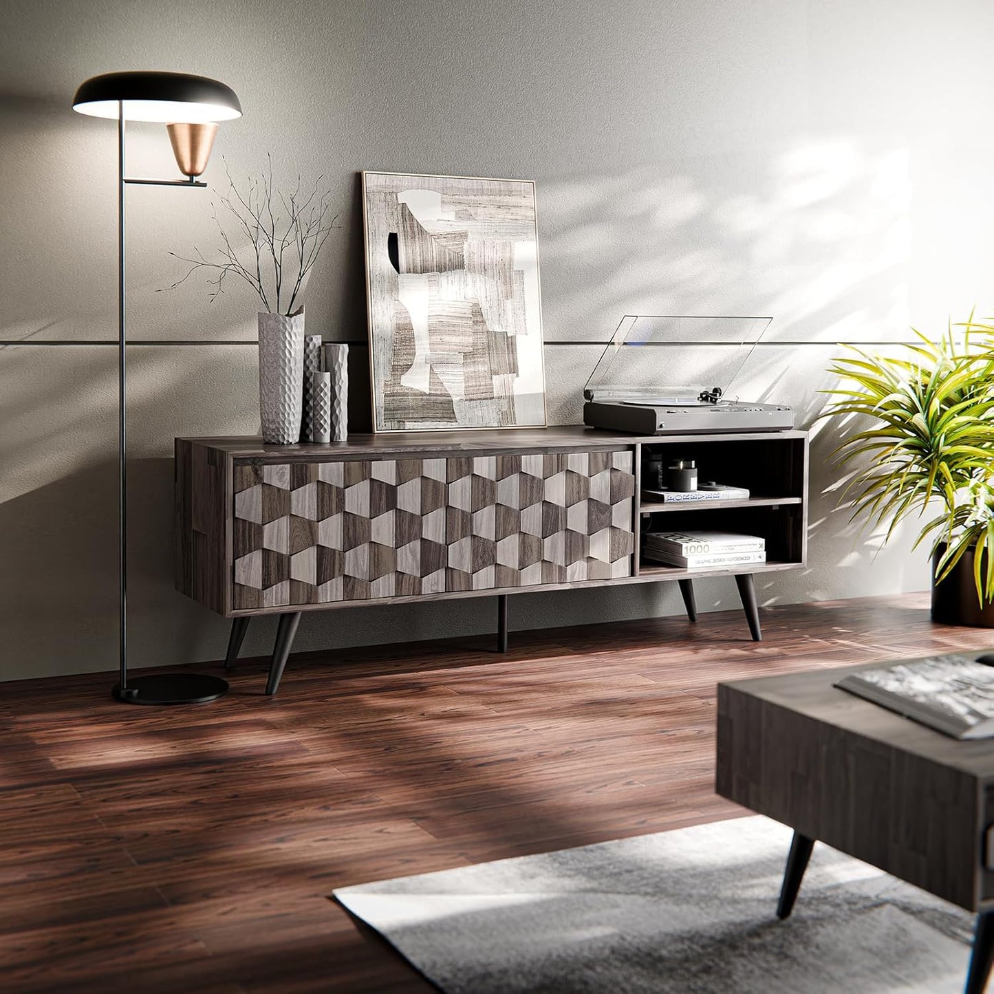 Bme Georgina 65-Inch Solid Acacia Wood TV Stand, Quick Assembly Entertainment Center with Storage, Geometric Pattern Console for Living Room, Bedroom, and Dining Room, Mocha