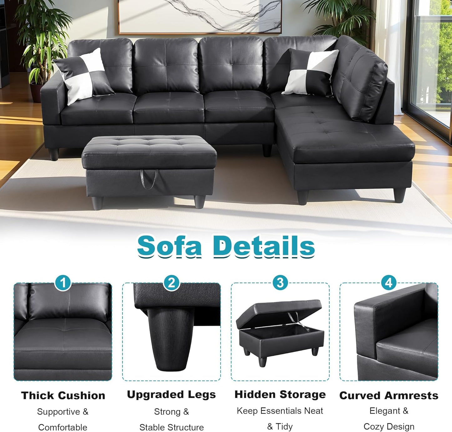 103.5" Oversized Sectional Couch, L Shaped Couch with Storage Ottoman, Modern Modular Sofa with Deep Seat, Sectional Couches for Living Room and Office, Jet Black (Faux Leather)