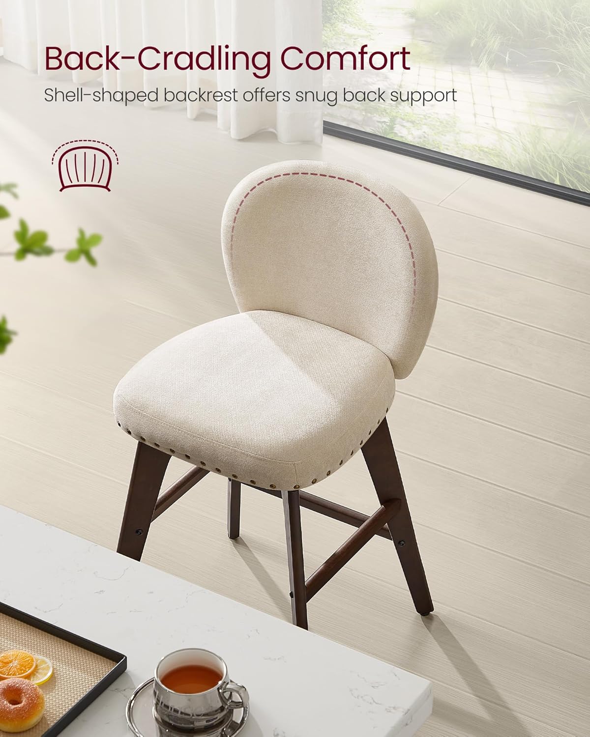 VASAGLE Bar Stools Set of 4, Swivel Counter Height Bar Stools with Back and Wood Legs, Chenille Fabric Upholstered Barstools, 26.2-Inch Tall Counter Barstools for Kitchen Island, Cappuccino Beige