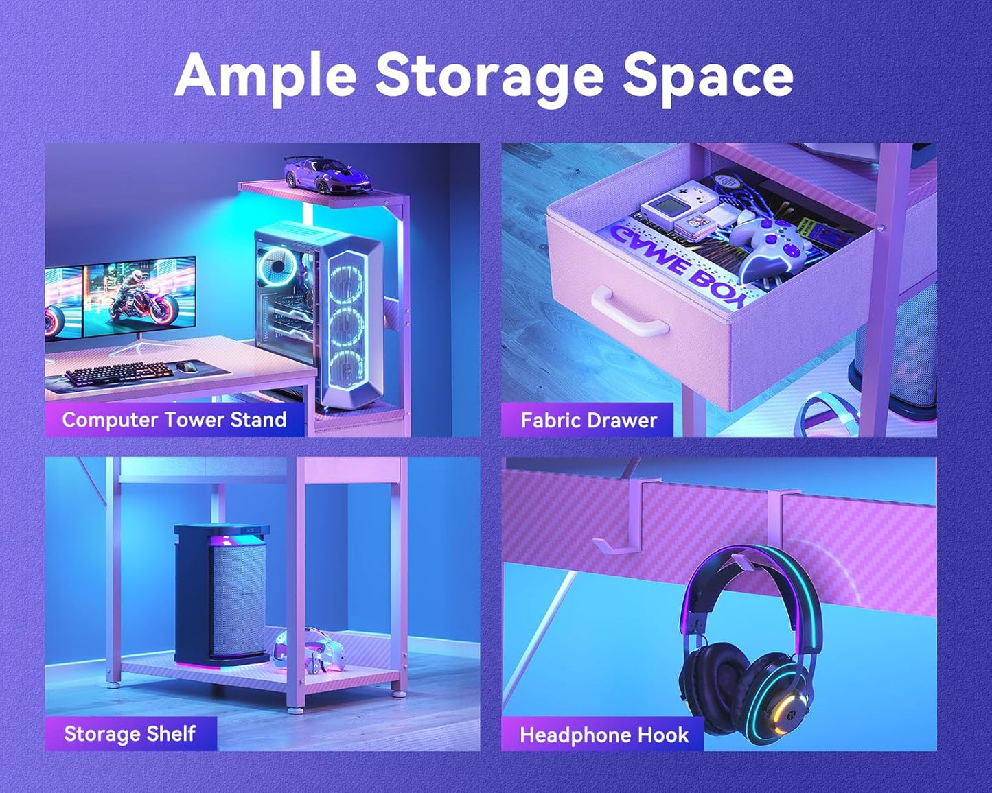 Casaottima 54 Inch Gaming Desk with Storage & LED Lights, Reversible Computer Desk with Display Shelves & Fabric Drawer, Modern Gamer Desk Table with Side Headphone Hook, Carbon Fiber Pink