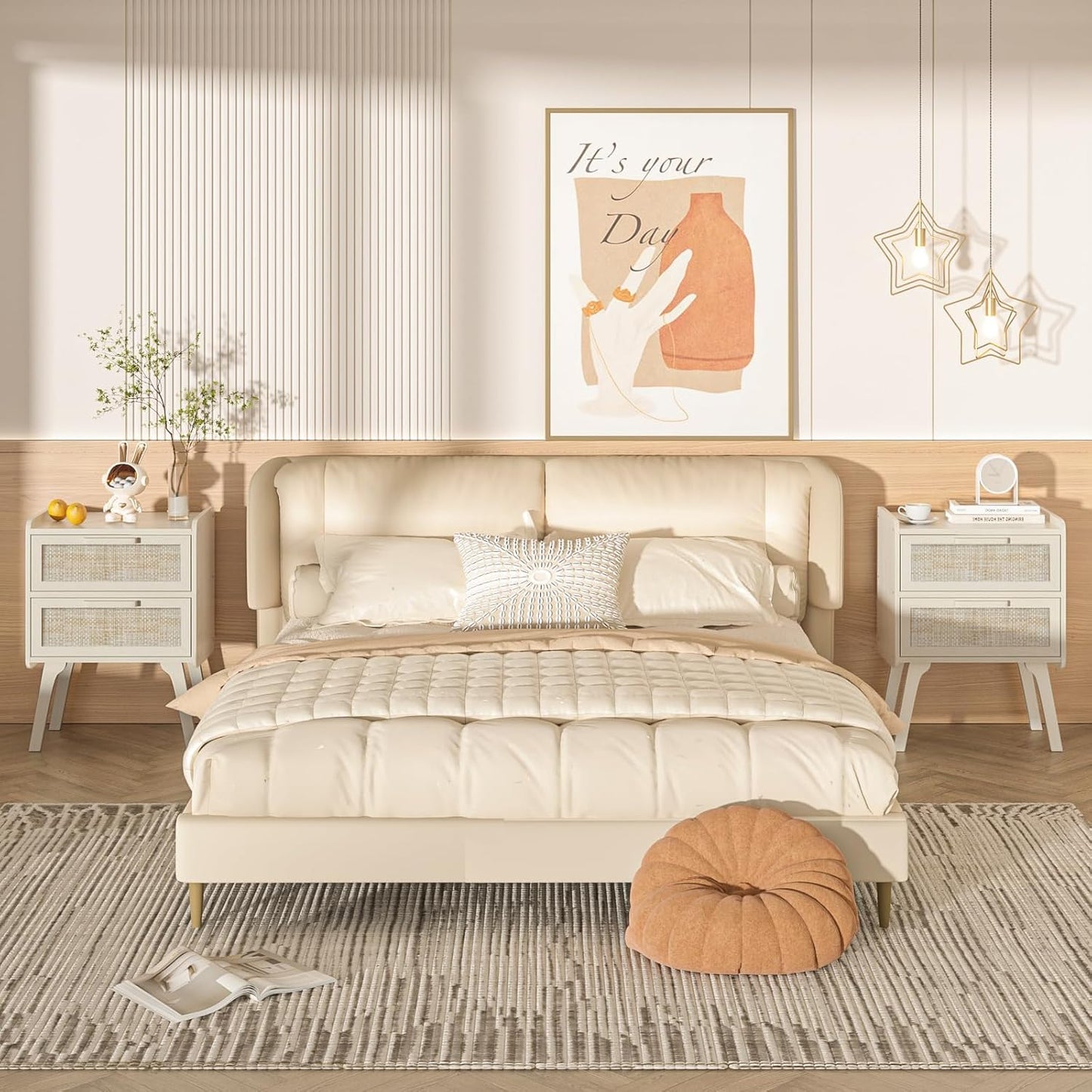 Lerliuo Rattan Nightstand, Boho Night Stand with 2 Drawers, Cane Accent Side End Table, Bedside Table with Solid Wood Legs for Bedroom, Dorm and Small Spaces (White)