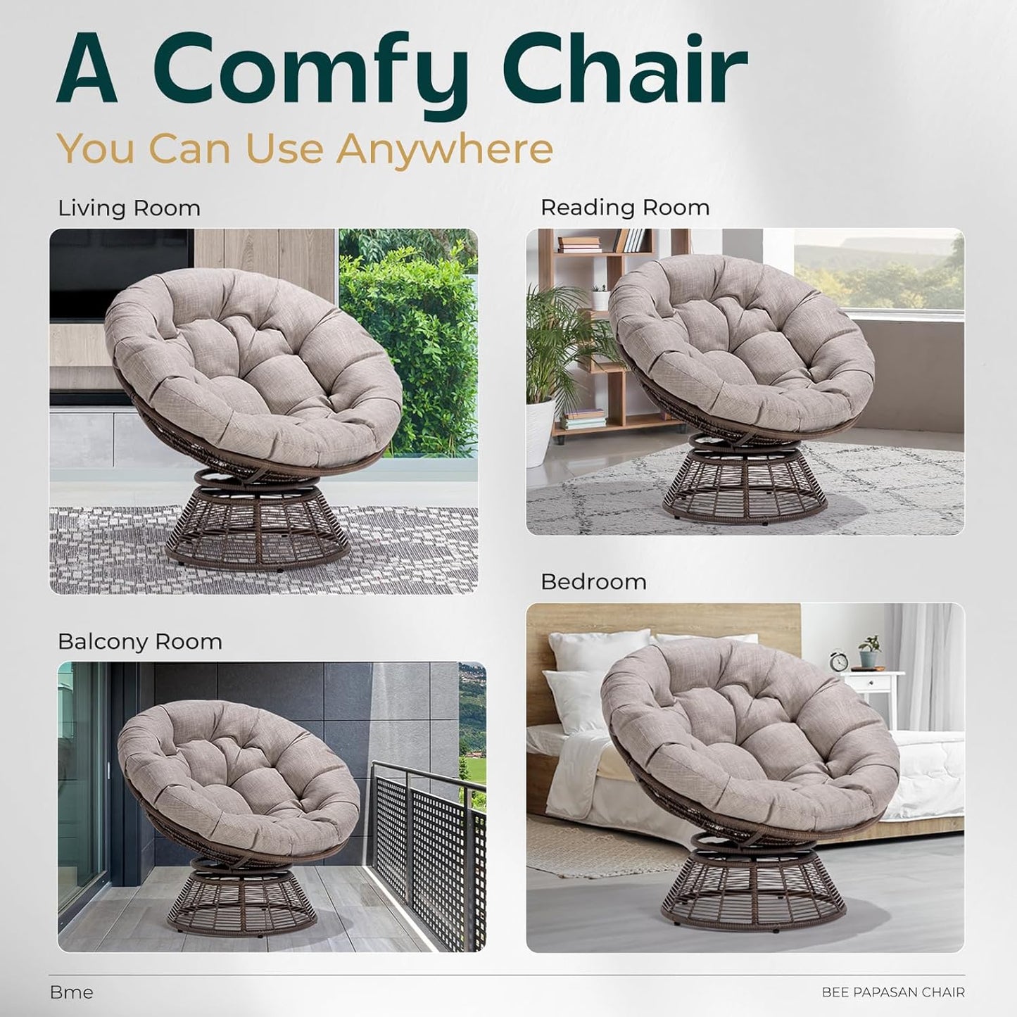 Bme 40" Ergonomic Wicker Papasan Chair with Soft Thick Density Fabric Cushion, Bee-Designed Base, High Capacity Steel Frame, 360 Degree Swivel for Living, Bedroom, Reading Room,...