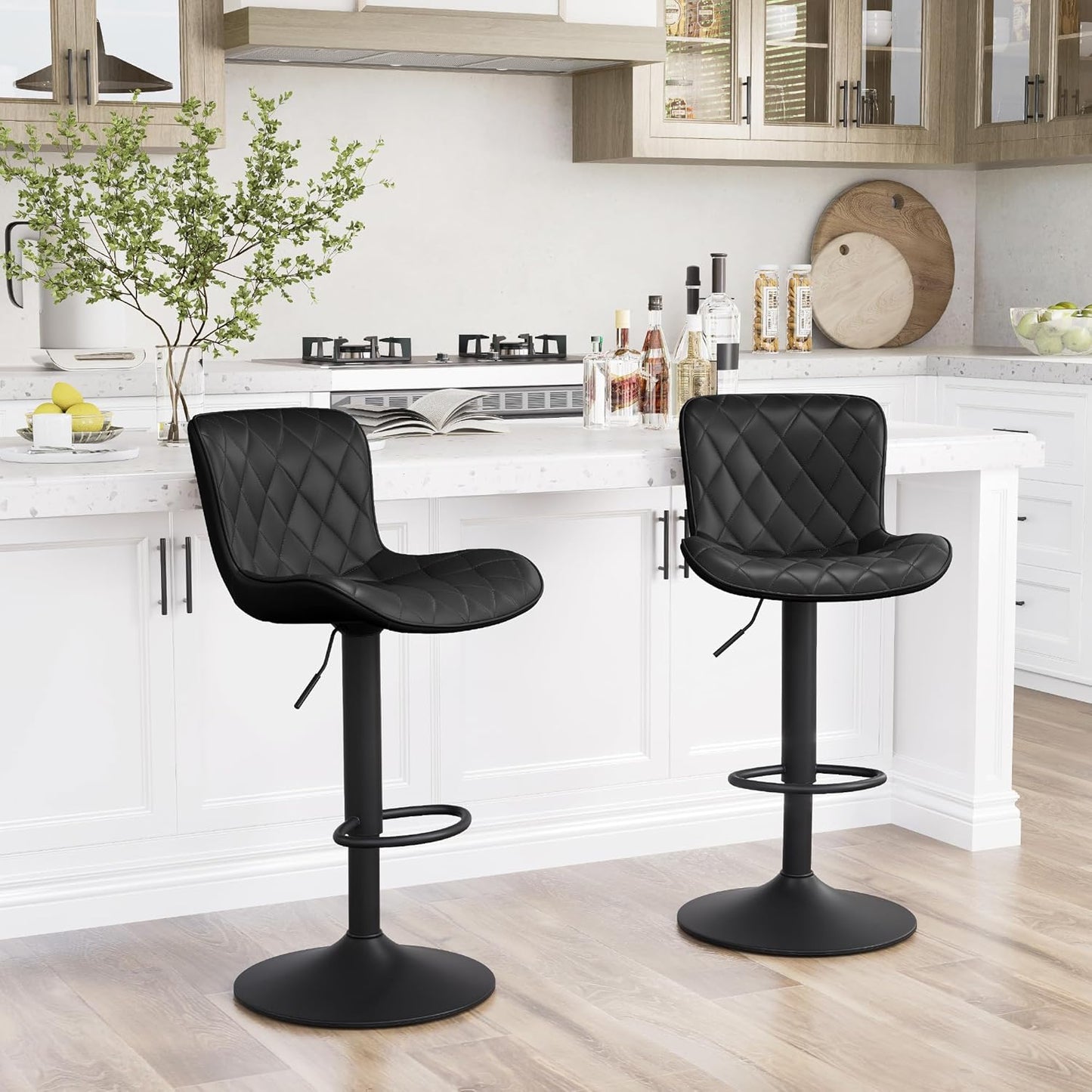 YOUNUOKE Bar Stools Set of 2 Faux Leather Barstools with Back Modern Swivel Counter Height Stool Adjustable High Bar Chairs for Kitchen Islands, Black
