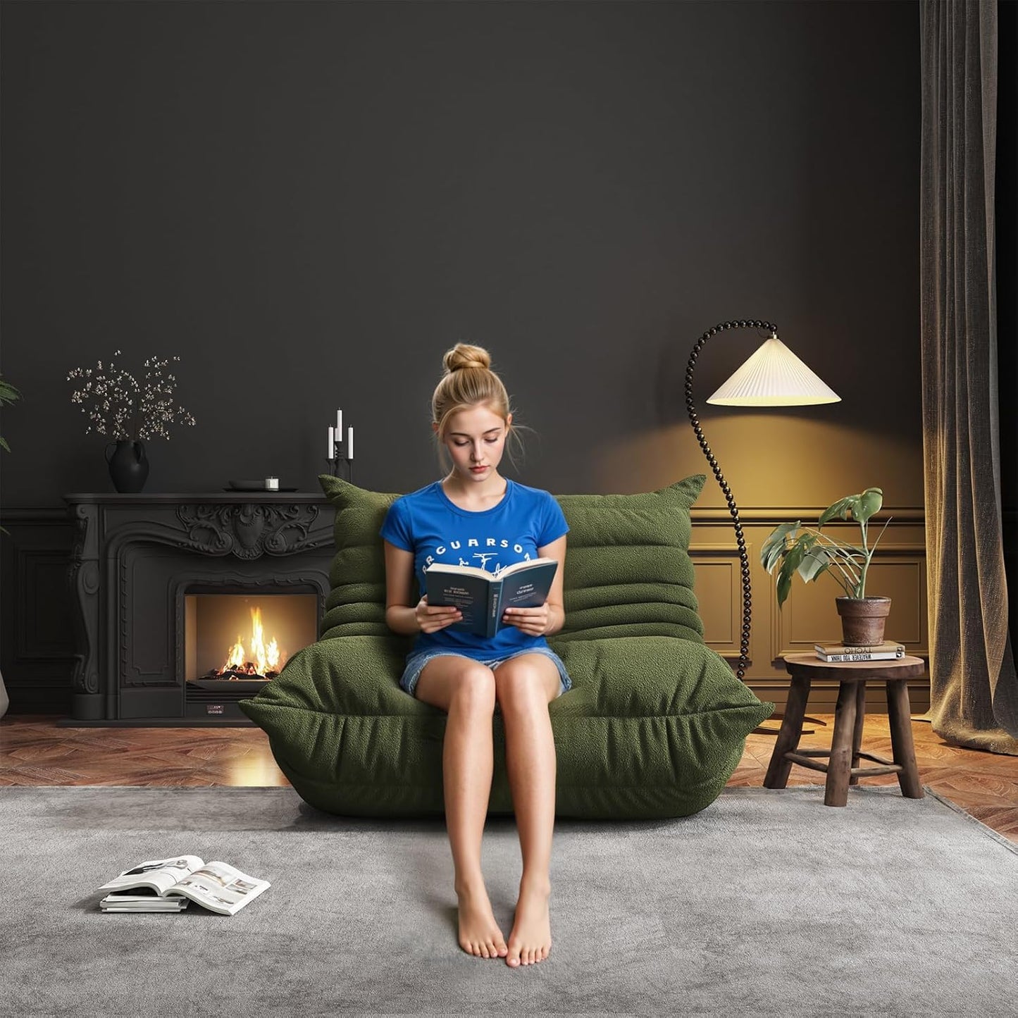 Bean Bag Chairs for Adults, BeanBag Reading Chair Memory Foam Couch, Floor Chair Soft Teddy Material, Comfy Reading Nook Chairs for Bedroom Living Room Office (Green)