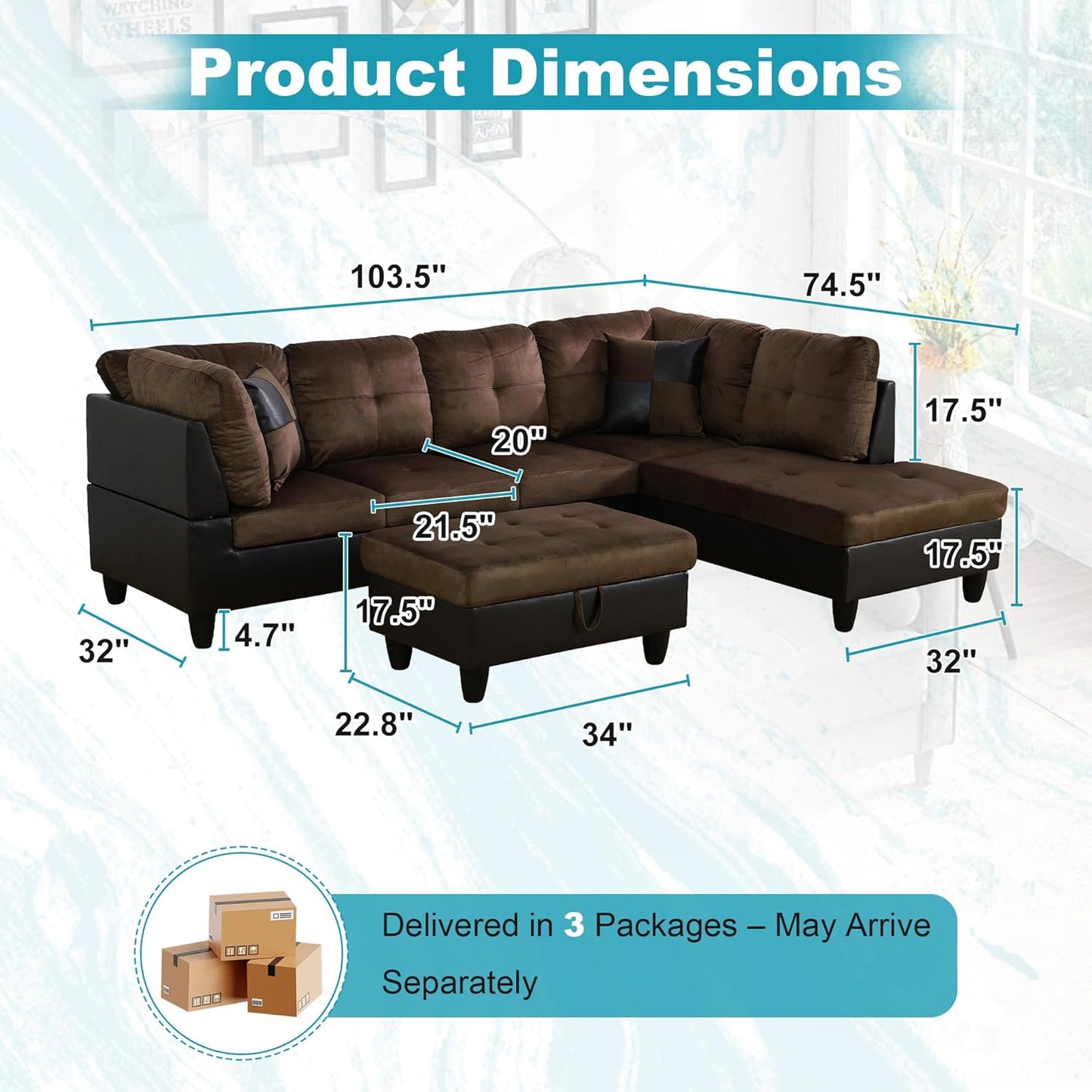 103.5" Oversized Sectional Couch, L Shaped Couch with Storage Ottoman, Modern Modular Sofa with Deep Seat, Sectional Couches for Living Room and Office, Brown (Lint and PVC)