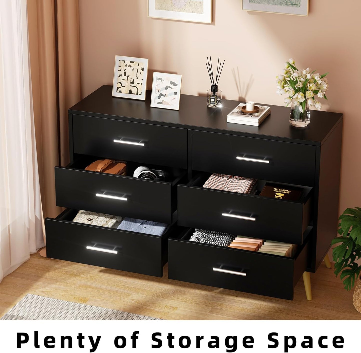 Shintenchi 6 Drawer Dresser, Wide Chest of Drawers Organizer Storage with Drawers, Large Storage Cabinet, Modern Design Dresser for Bedroom, Living Room, Porch, Black