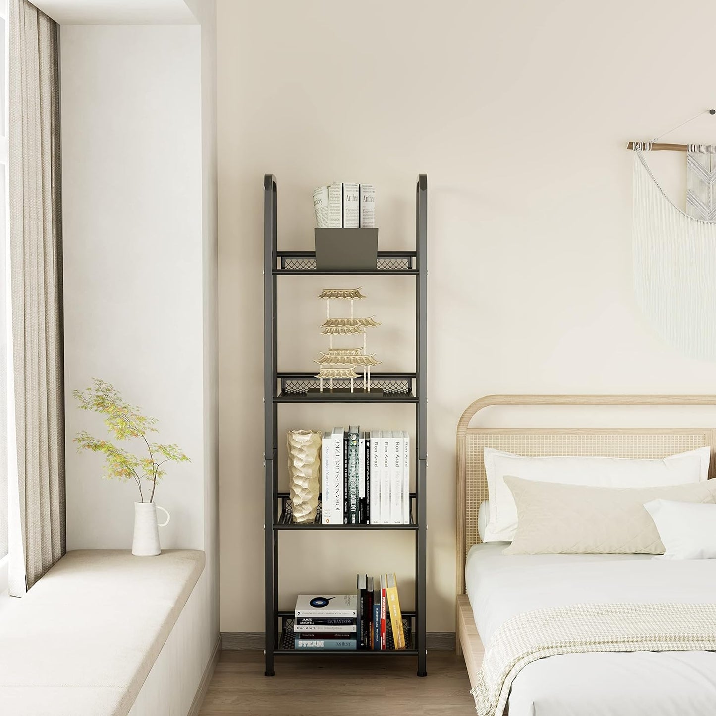 Bookshelf Vertical Storage Freestanding Storage Stand for Living Room, Bedroom, Kitchen, Rust Resistance, Easy Assemblyl Free CombinationMulti-Functional Organizer (4 Tiers, Black)