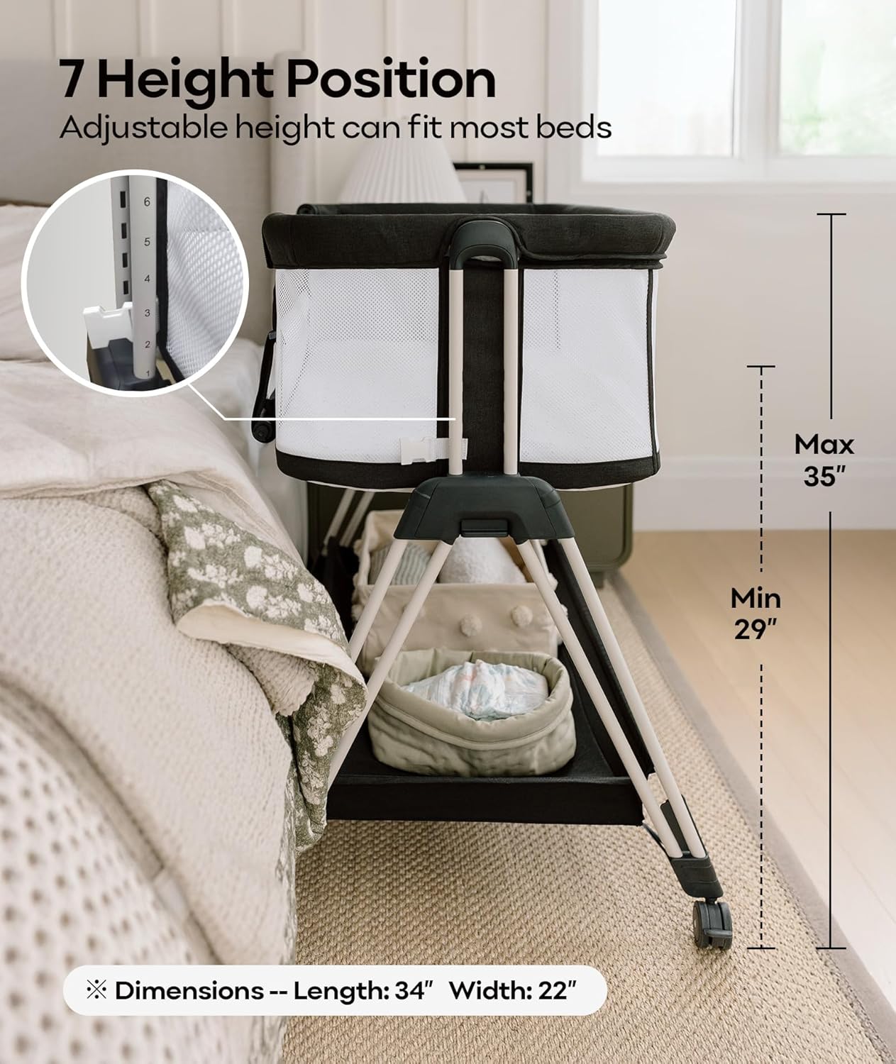 Fodoss Baby Bassinet Bedside Sleeper with Wheels and Storage Tray,4-Sided Mesh Bedside Bassinet for Infant/Newborn,7 Height Adjustable Easy Folding Bedside Crib