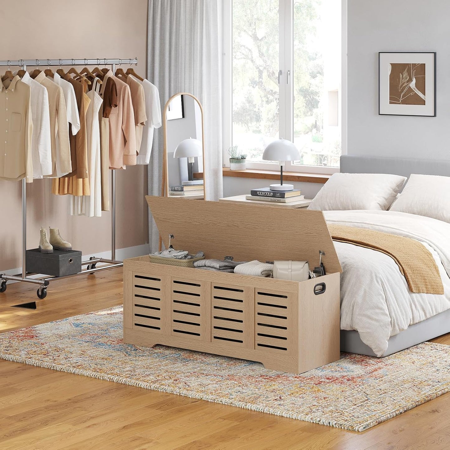 DINZI LVJ Storage Chest, 47.3”Wooden Storage Box with 2 Safety Hinges, Entryway Shoe Bench with Flip-Top, Farmhouse Style Trunk for Living Room, Bedroom, Play Room, Easy Assembly, Natural